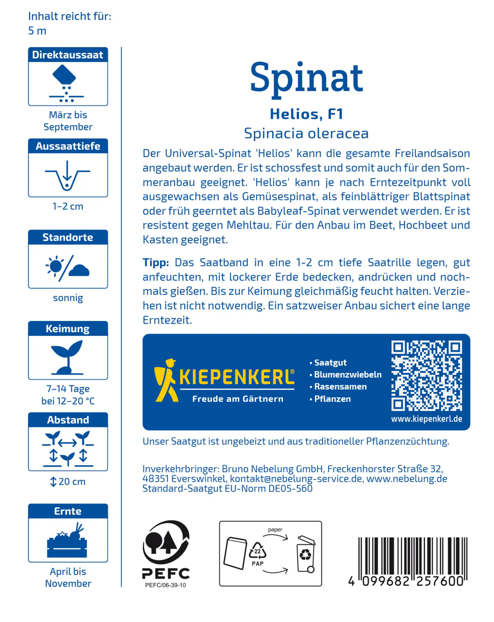 Kiepenkerl Profi-Line Saatgut Spinat Helios F1 für bis zu 5 lfd. Meter