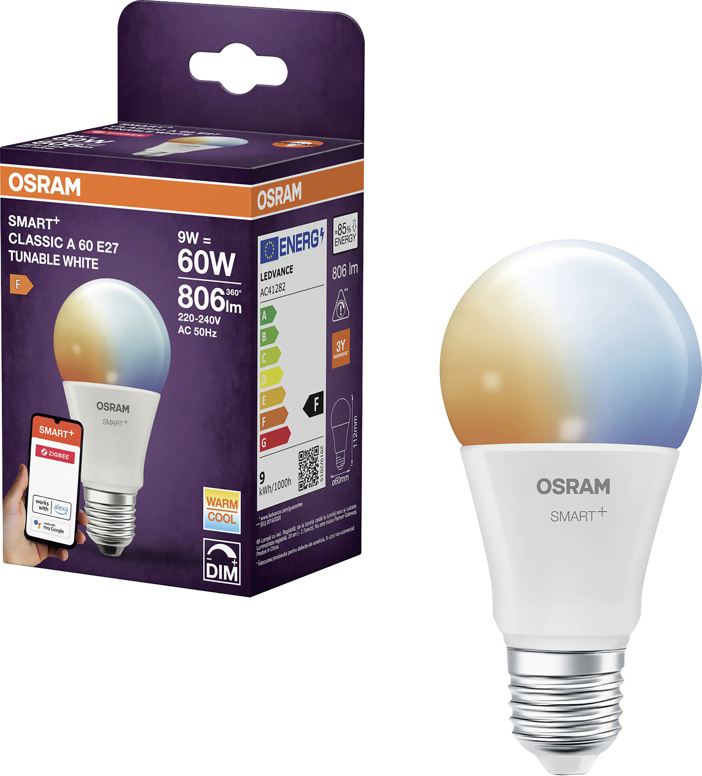 Ledvance LED Leuchtmittel Smart+ Zigbee A60 E27 9 W dimmbar warmweiß-kaltweiß weiß matt 