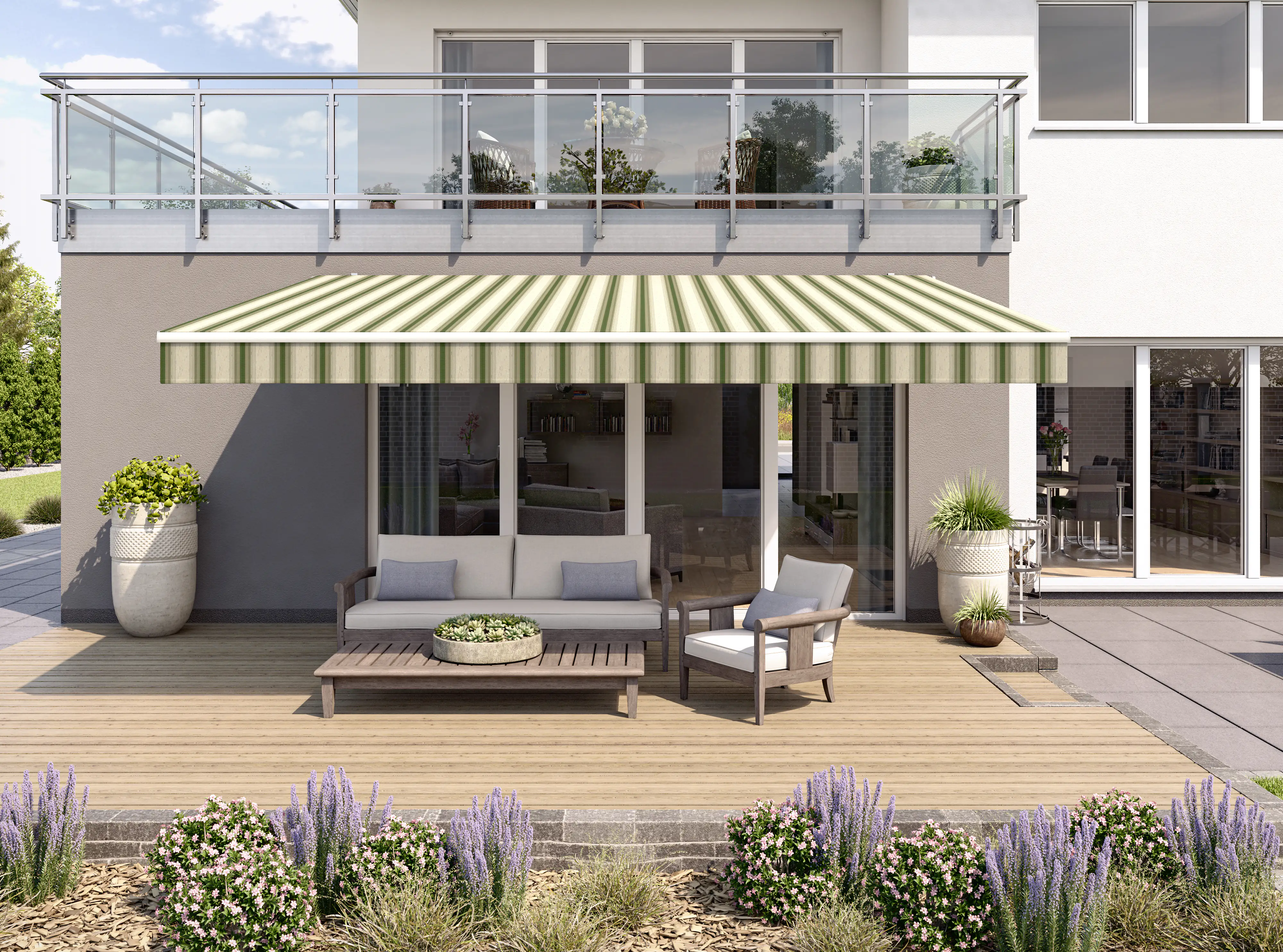 Gelenkarmmarkise Classic grün-beige gestreift inkl. Motor, Handsender, Solar Panel