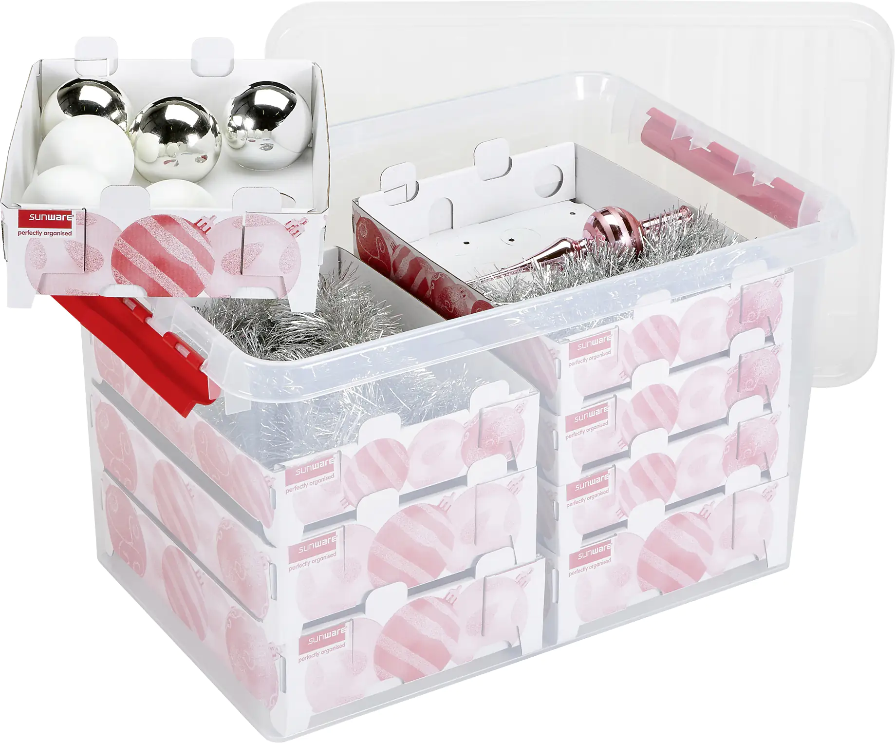 Sunware Weihnachtsbox Q-line 62L mit Einsatz für 116 Kugeln transparent rot