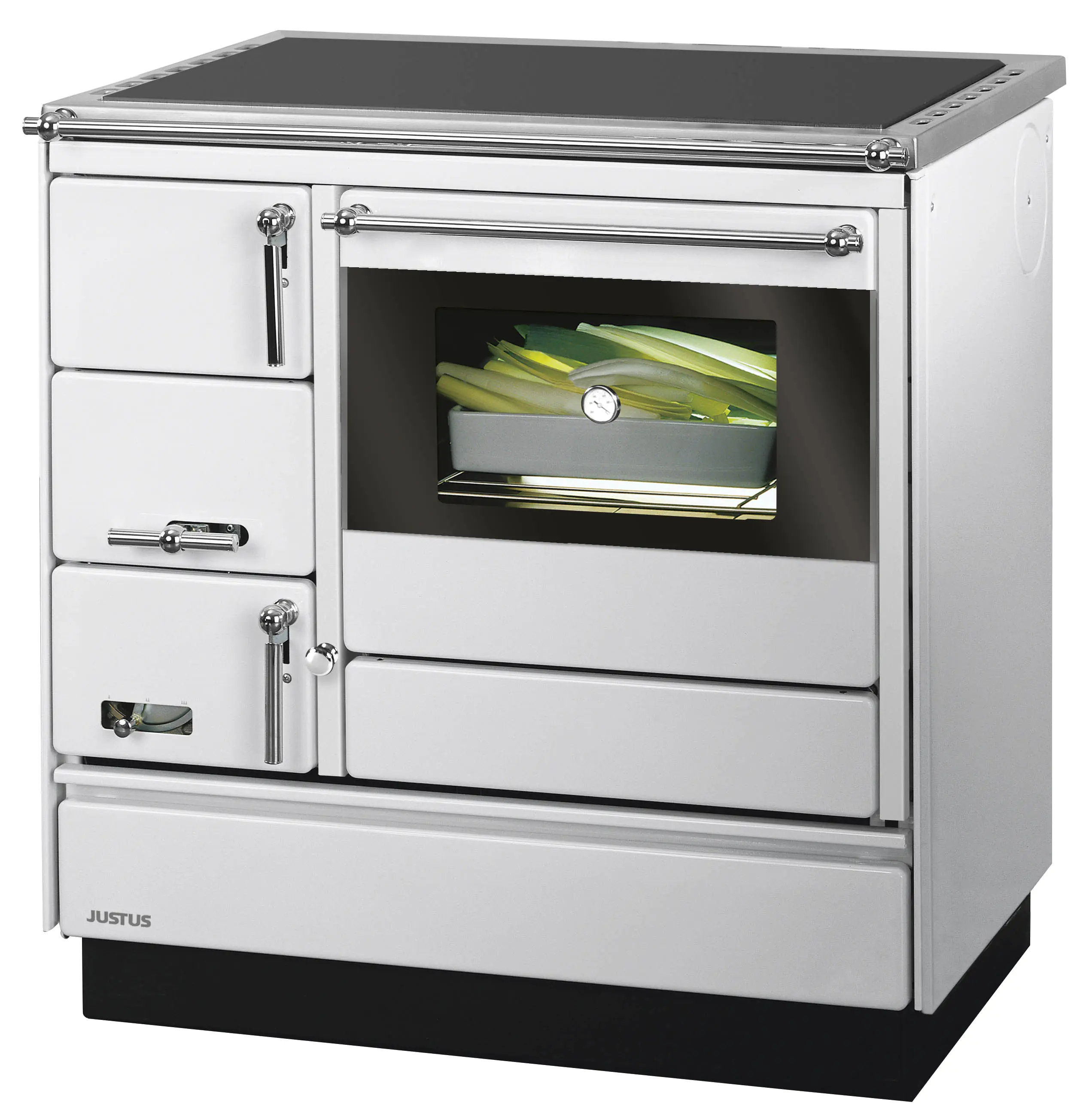 Justus Festbrennstoffherd Linz Backfach rechts Stahl 7 kW silber