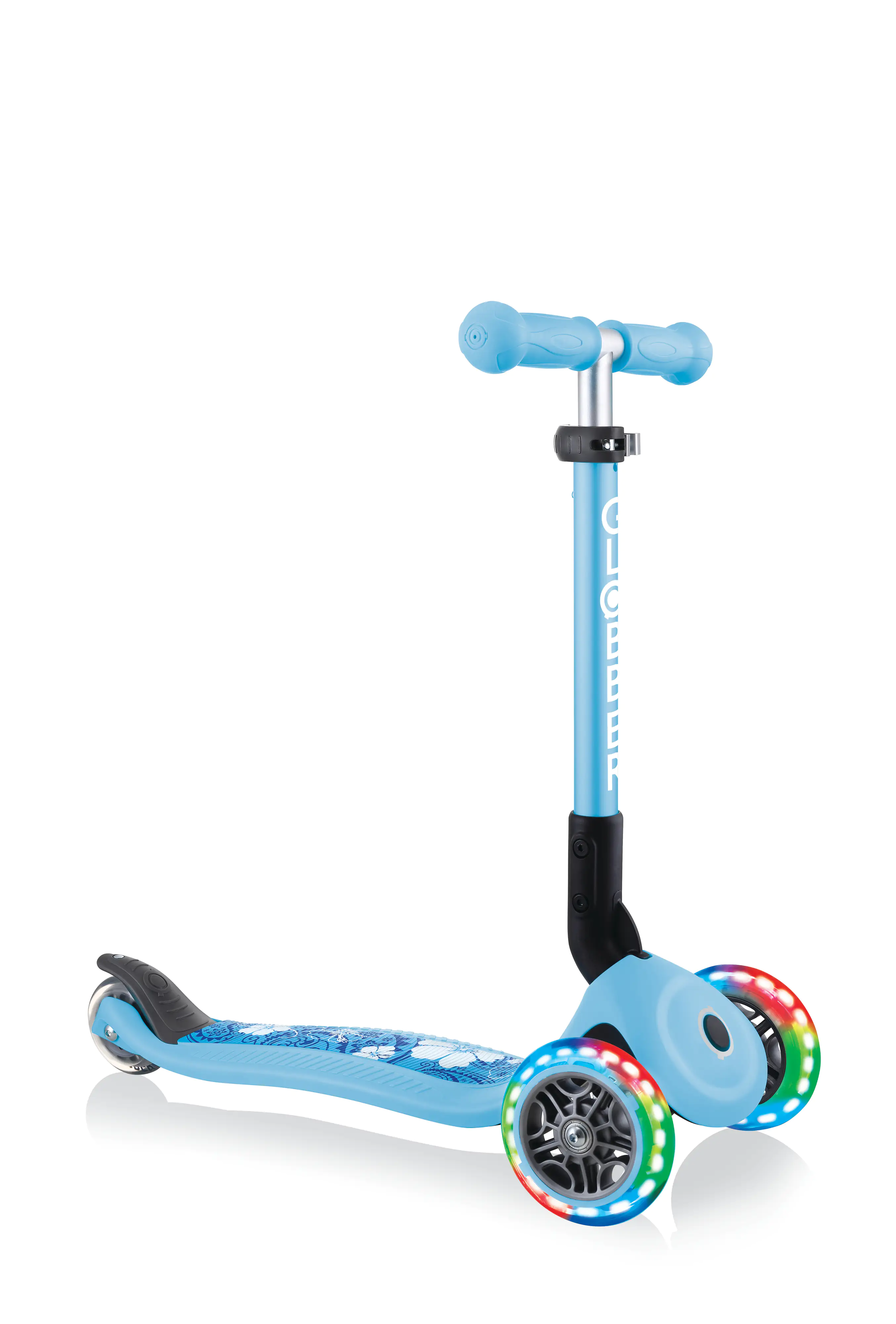 Globber Scooter Junior Foldable Lights pastellblau-Flowers mit Leuchtrollen