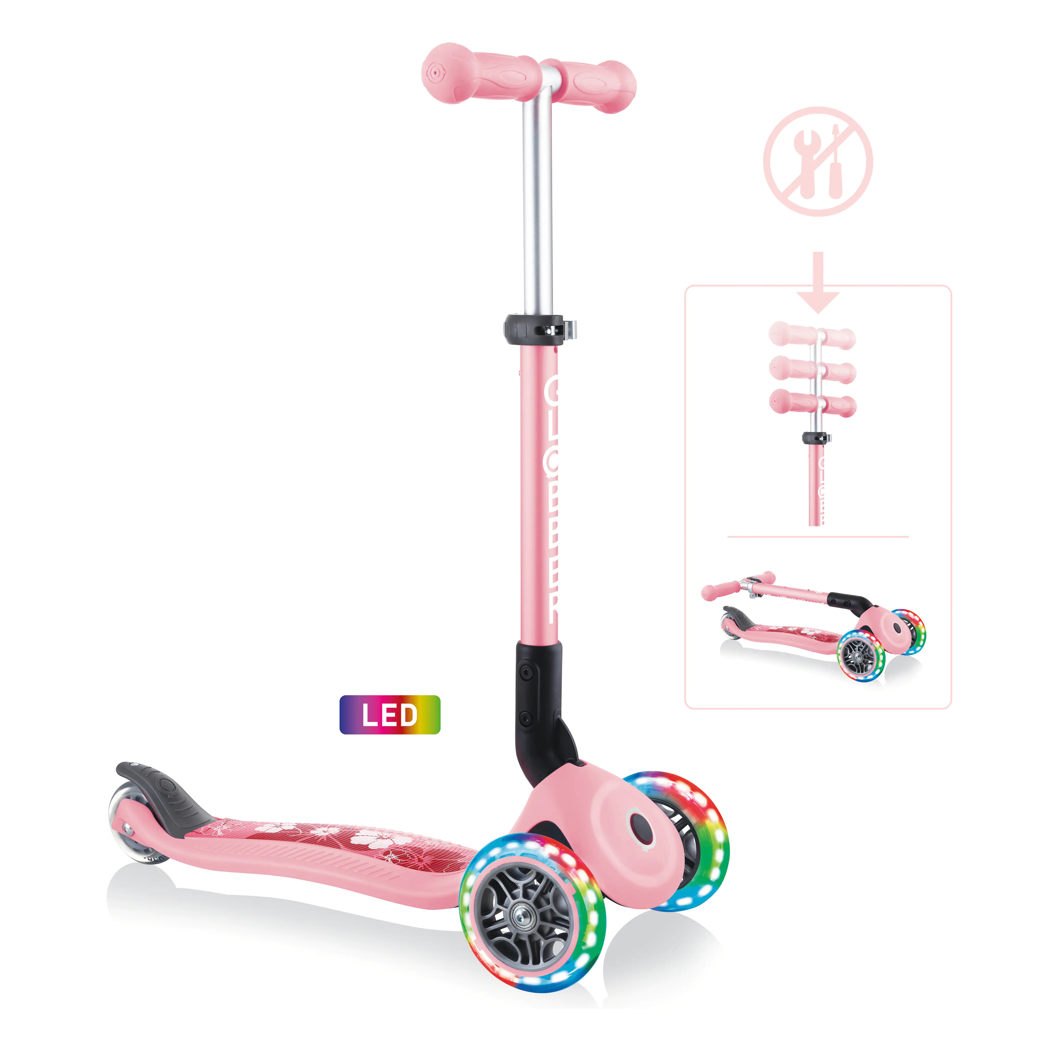 Globber Scooter Junior Foldable Lights pastellrosa-Flowers mit Leuchtrollen