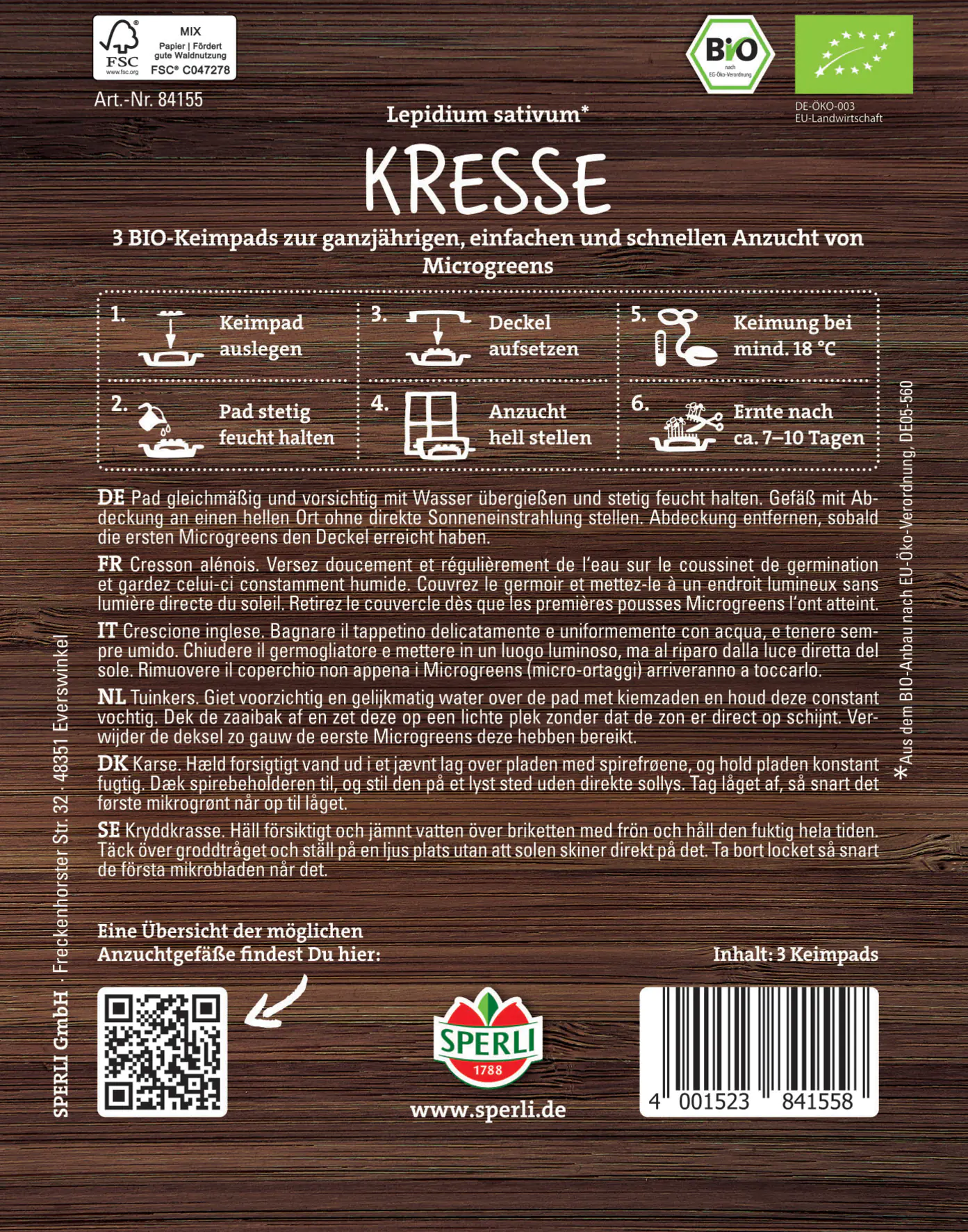 Sperli BIO Microgreen-Pads Kresse