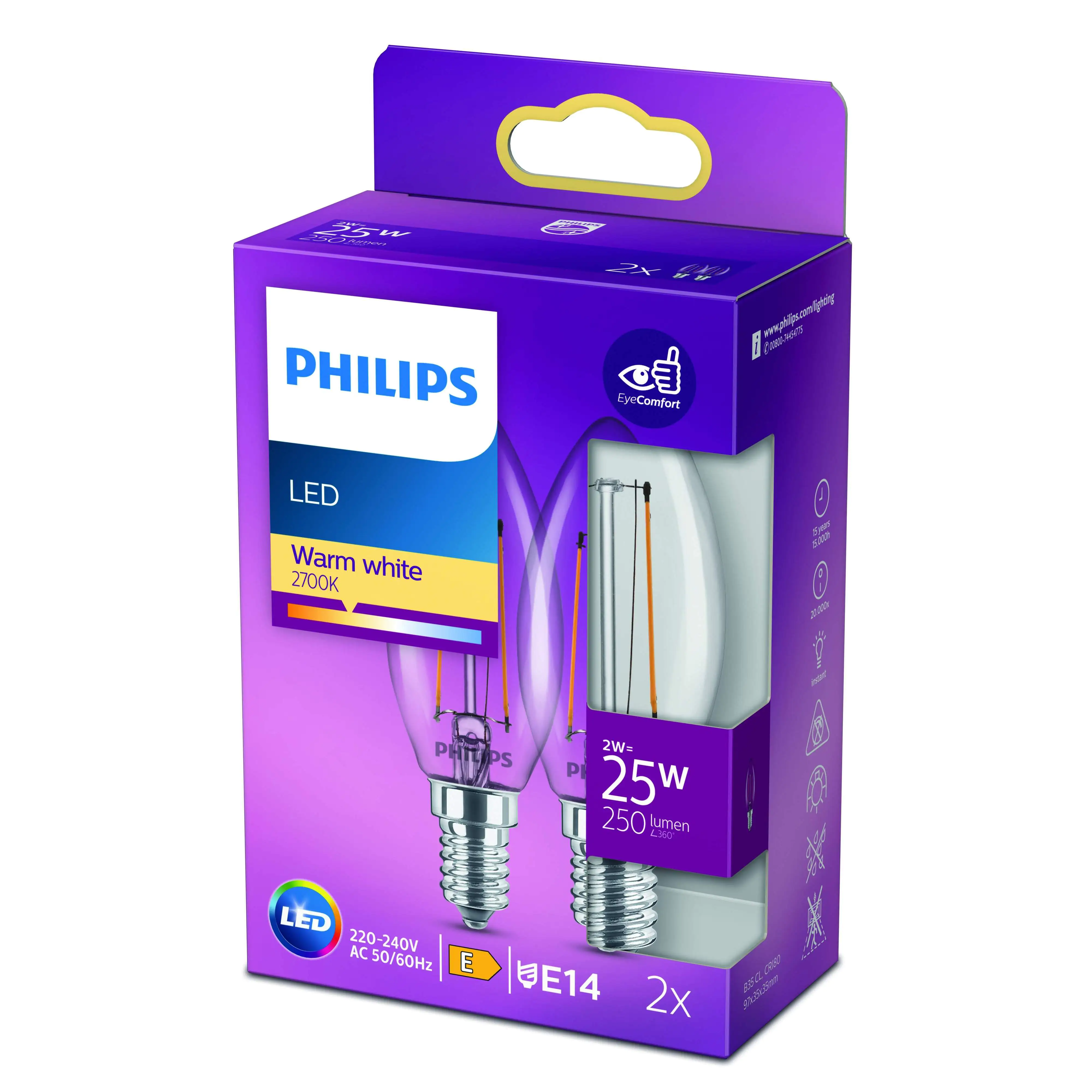 Philips LED-Leuchtmittel Filament Kerzenform B35 E14 2W warmweiß 2er Pack