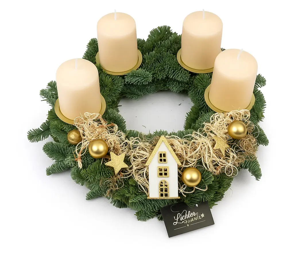 Adventskranz mit 4 Kerzen Ø 30 cm X-MAS Holzhaus creme