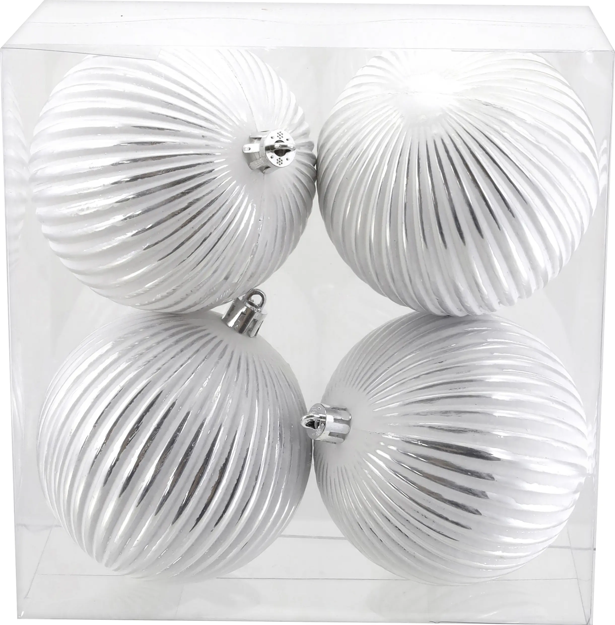 Weihnachtskugel aus Kunststoff Ø 8 cm weiß/silber Linienmuster - 4 Stück