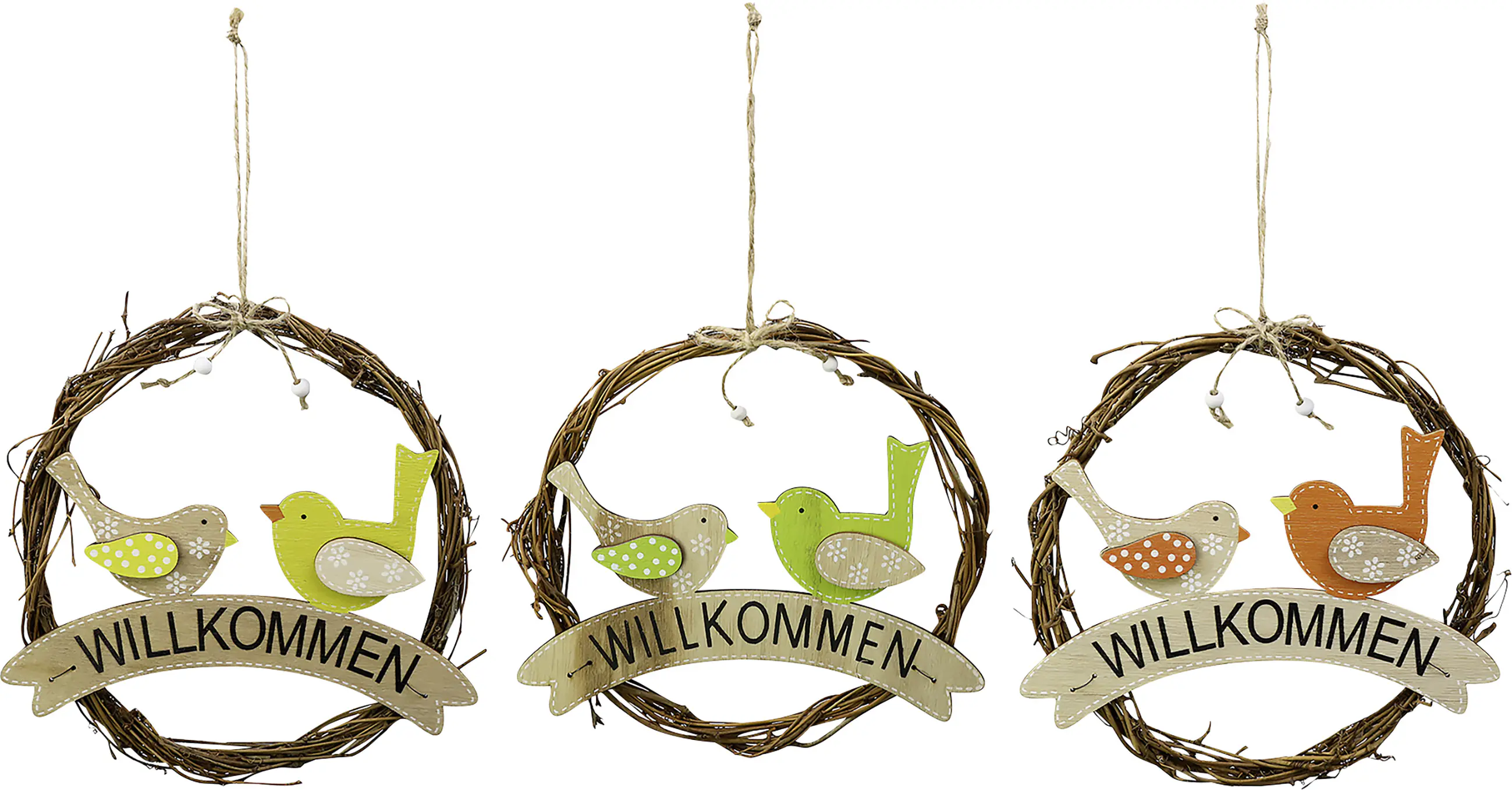 Türkranz Willkommen mit Vögeln Rattan 19 cm braun bunt