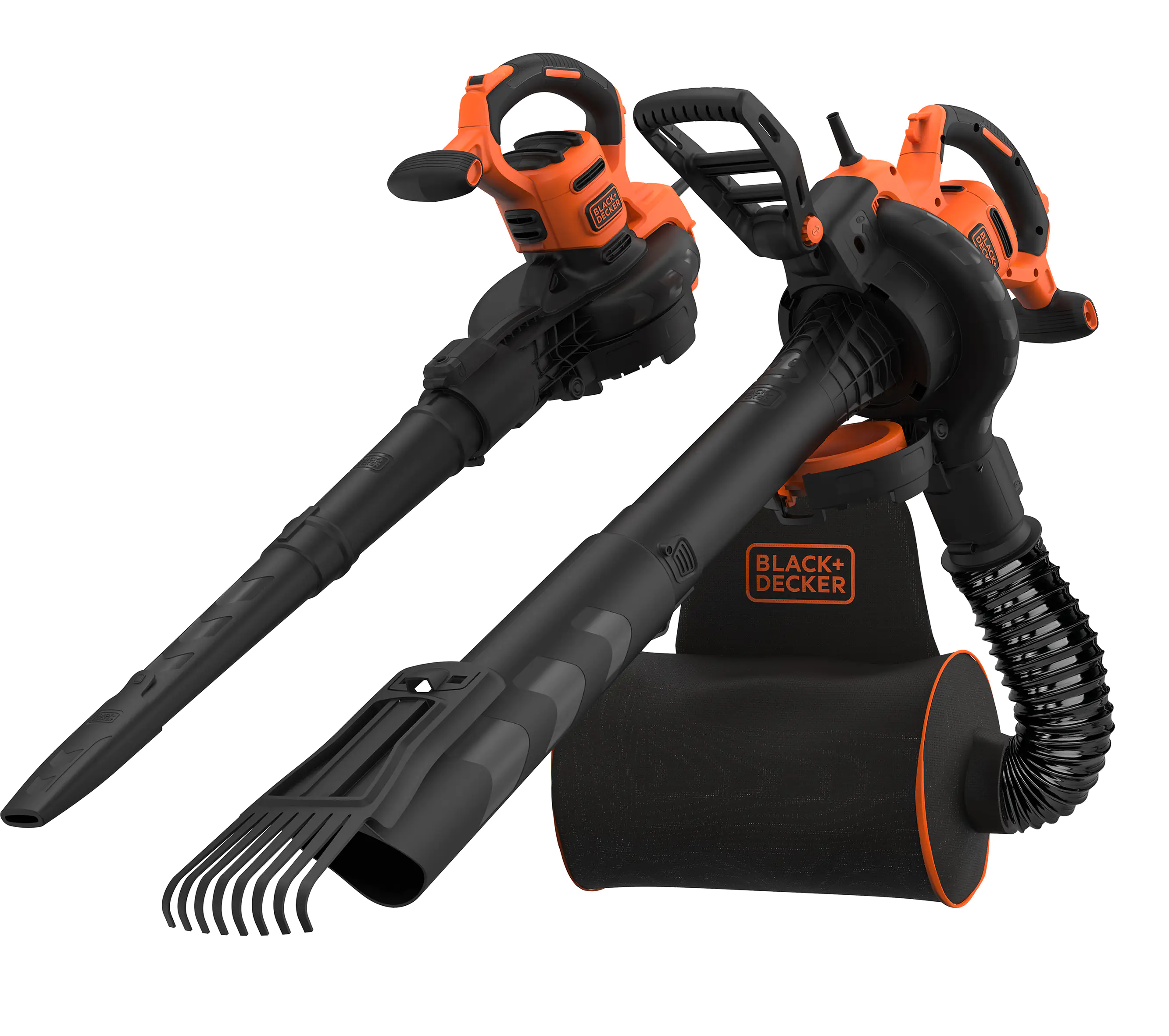 Black & Decker Elektro Laubsauger/-bläser 3in1 mit aufsteckbarem Laubrechen