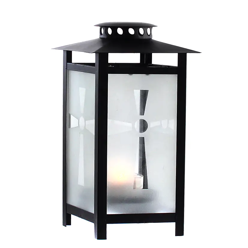 Dragimex Grablaterne Kreuzmotiv auf Glasscheibe 13,5 x 13,5 x 25 cm