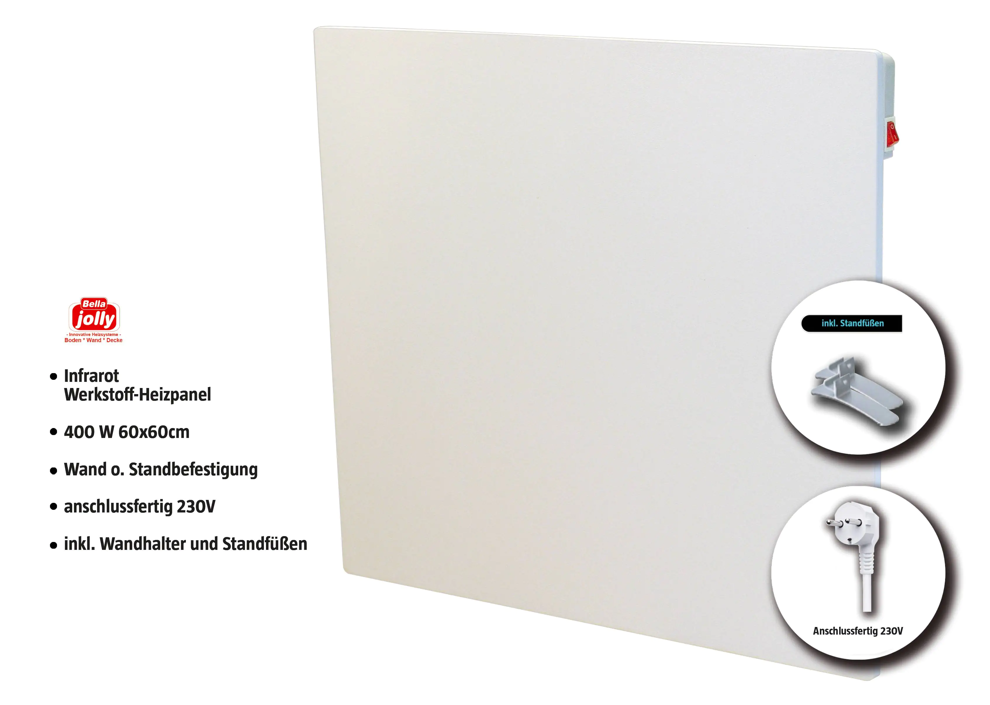 Bella Jolly Infrarot Wandheizkörper 60 x 60 cm Standfüßen 400 Watt, weiß