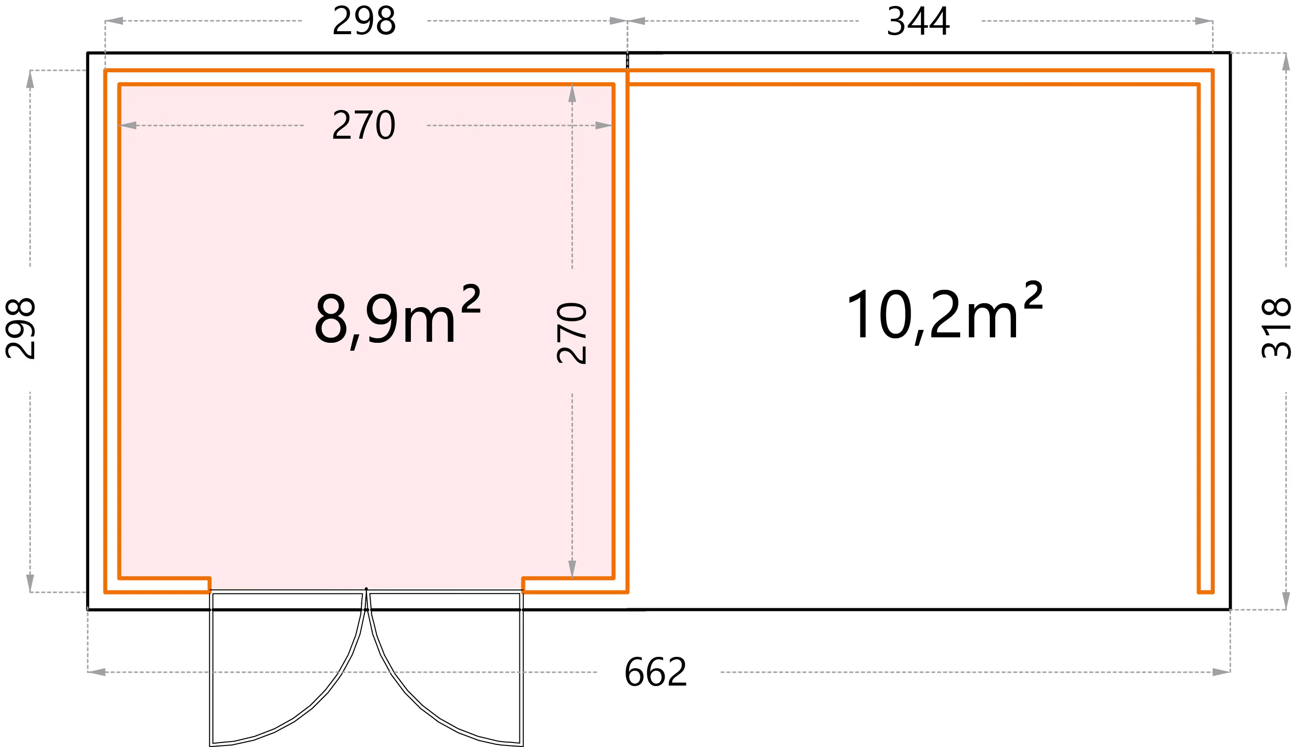 Telluria Gerätehaus Classico Lounge L 3030 rechts lichtgrau 642 x 298 cm