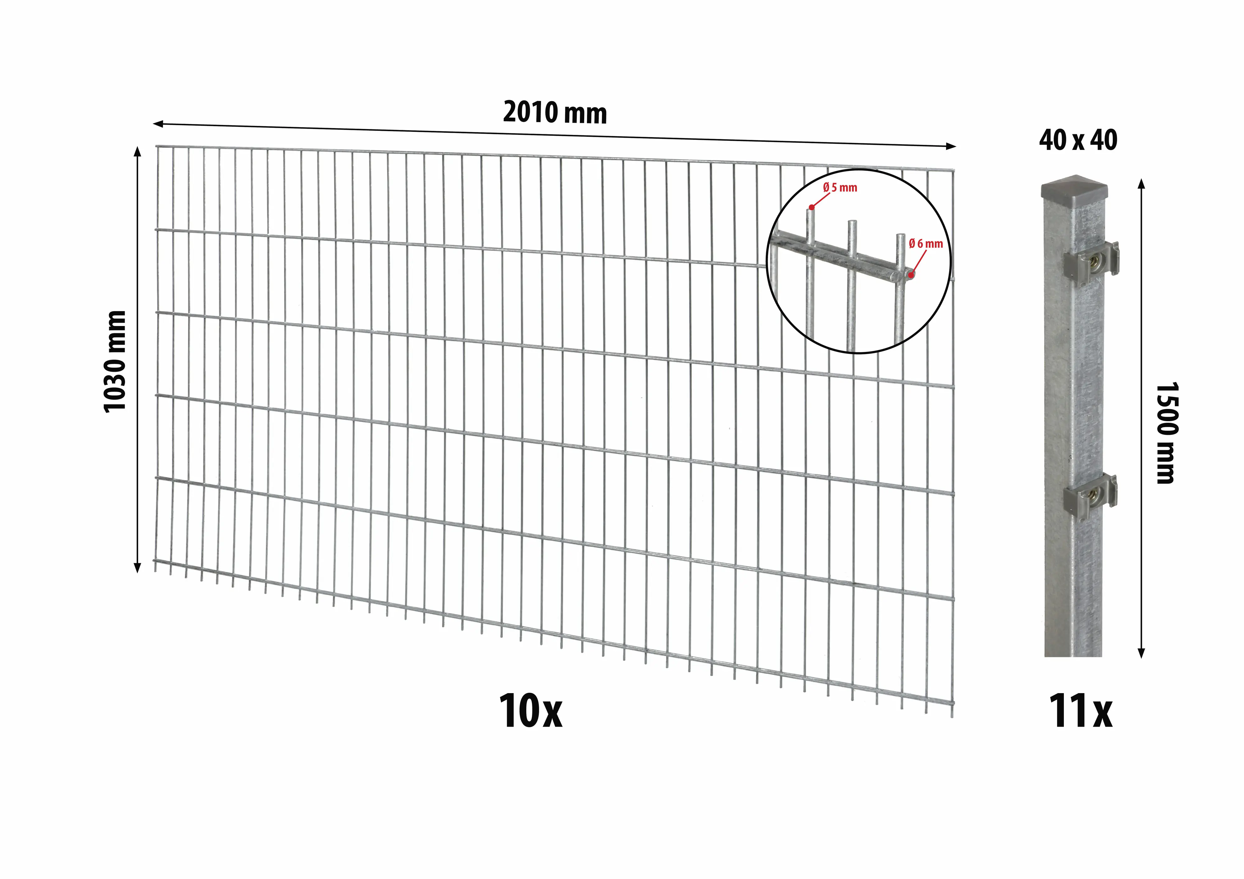 Floraworld Doppelstabmatten-Zaun Set Comfort 20 m 201 x 103 cm inkl. 11 Pfosten 150 cm feuerverzinkt