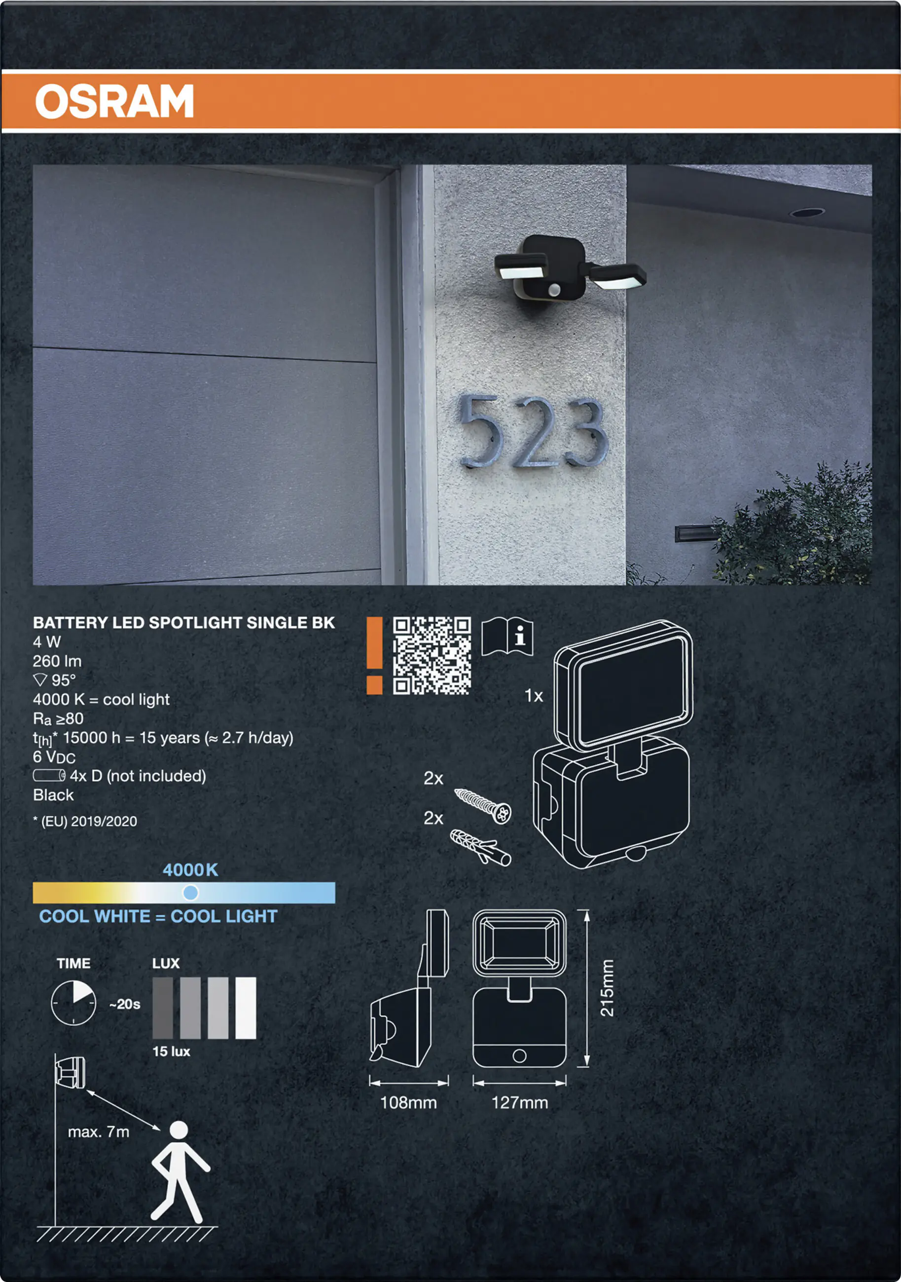 Osram LED-Außenleuchte Battery Spotlight mit Licht- & Bewegungssensor 21,5 cm kaltweiß schwarz