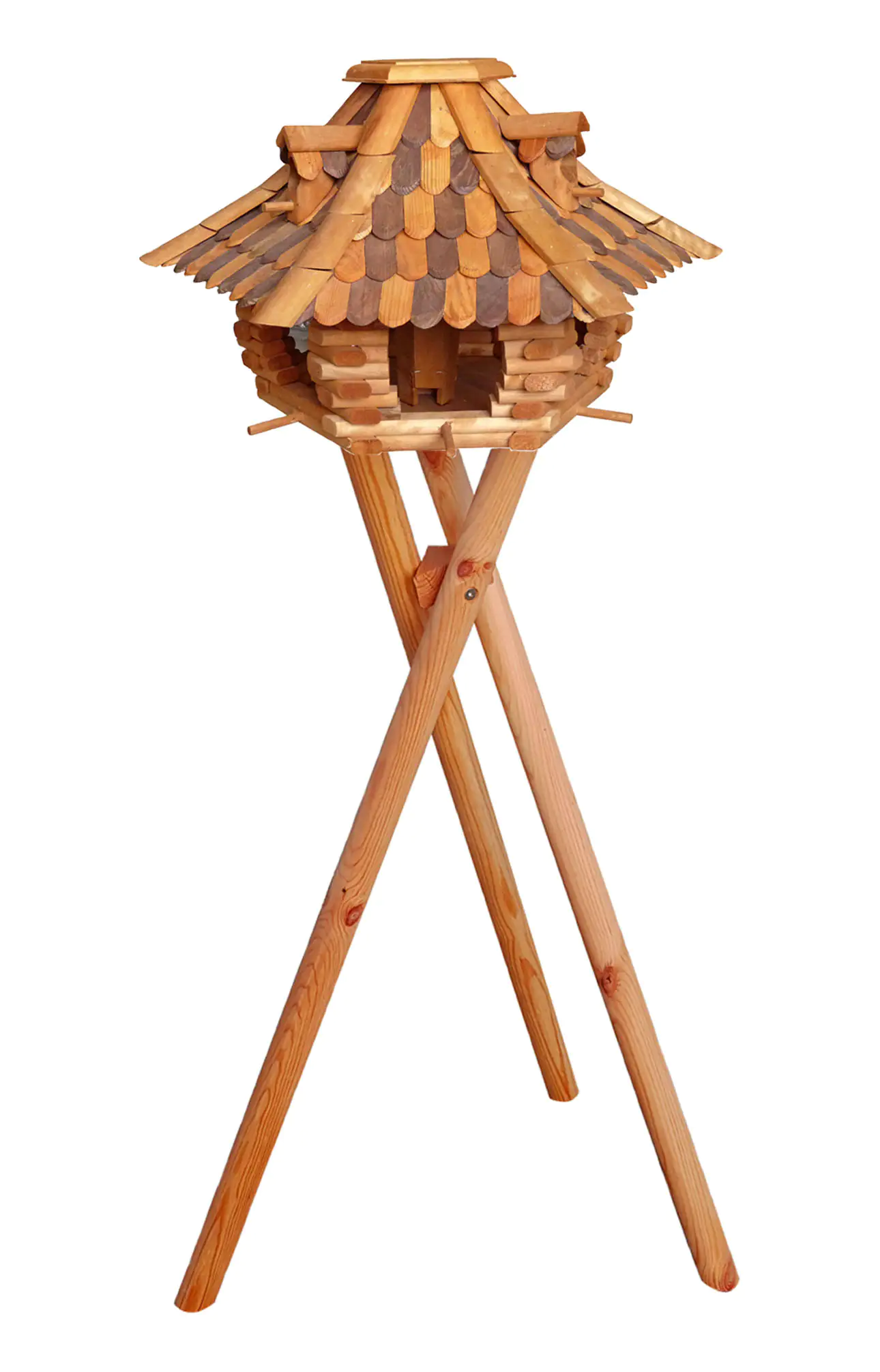 4251139104848_1 Vogelhaus Lärchenholz mit Ständer dunkelbraun LxBxH:  42x65x145 cm