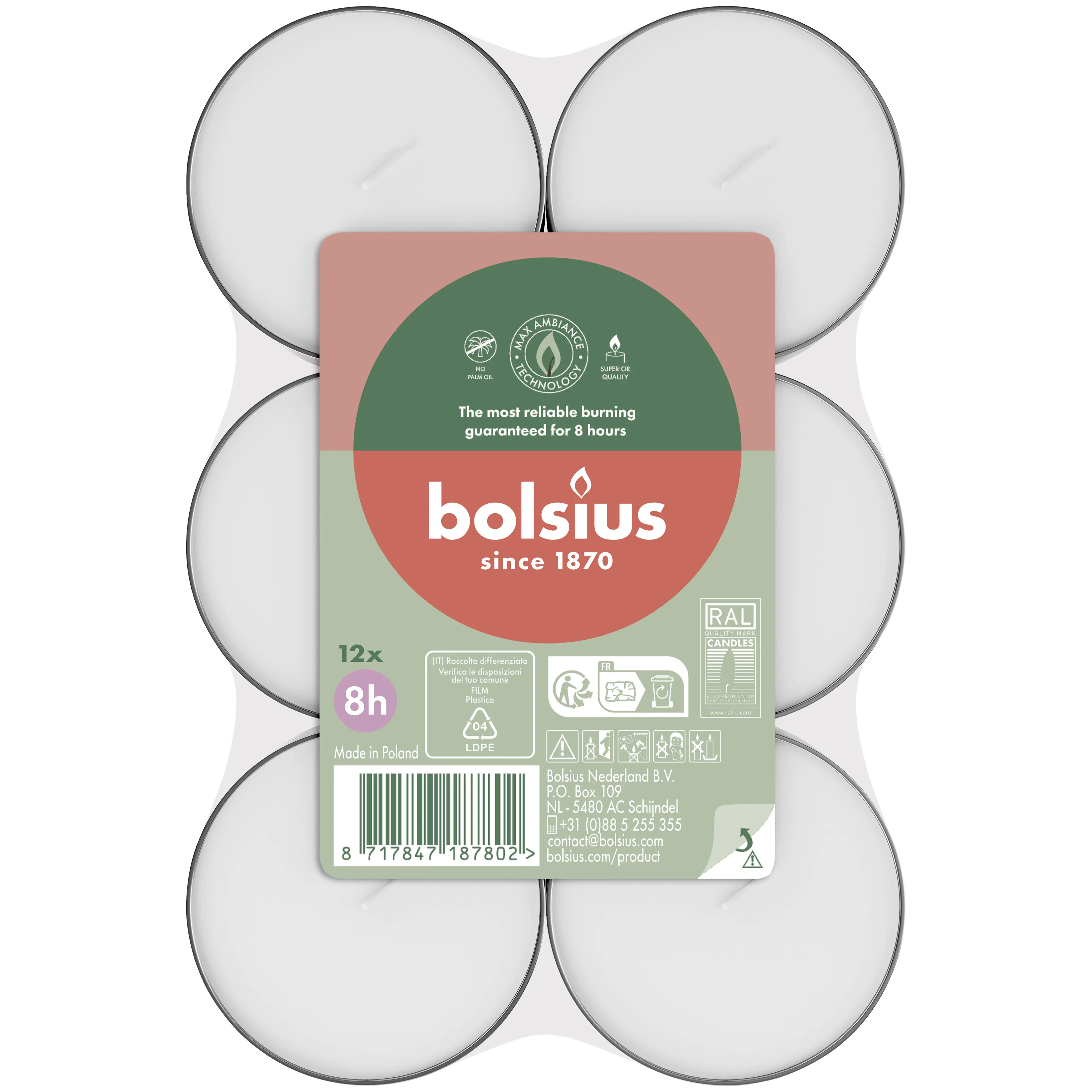 Bolsius Maxi-Teelichter weiß 8h 12er Pack