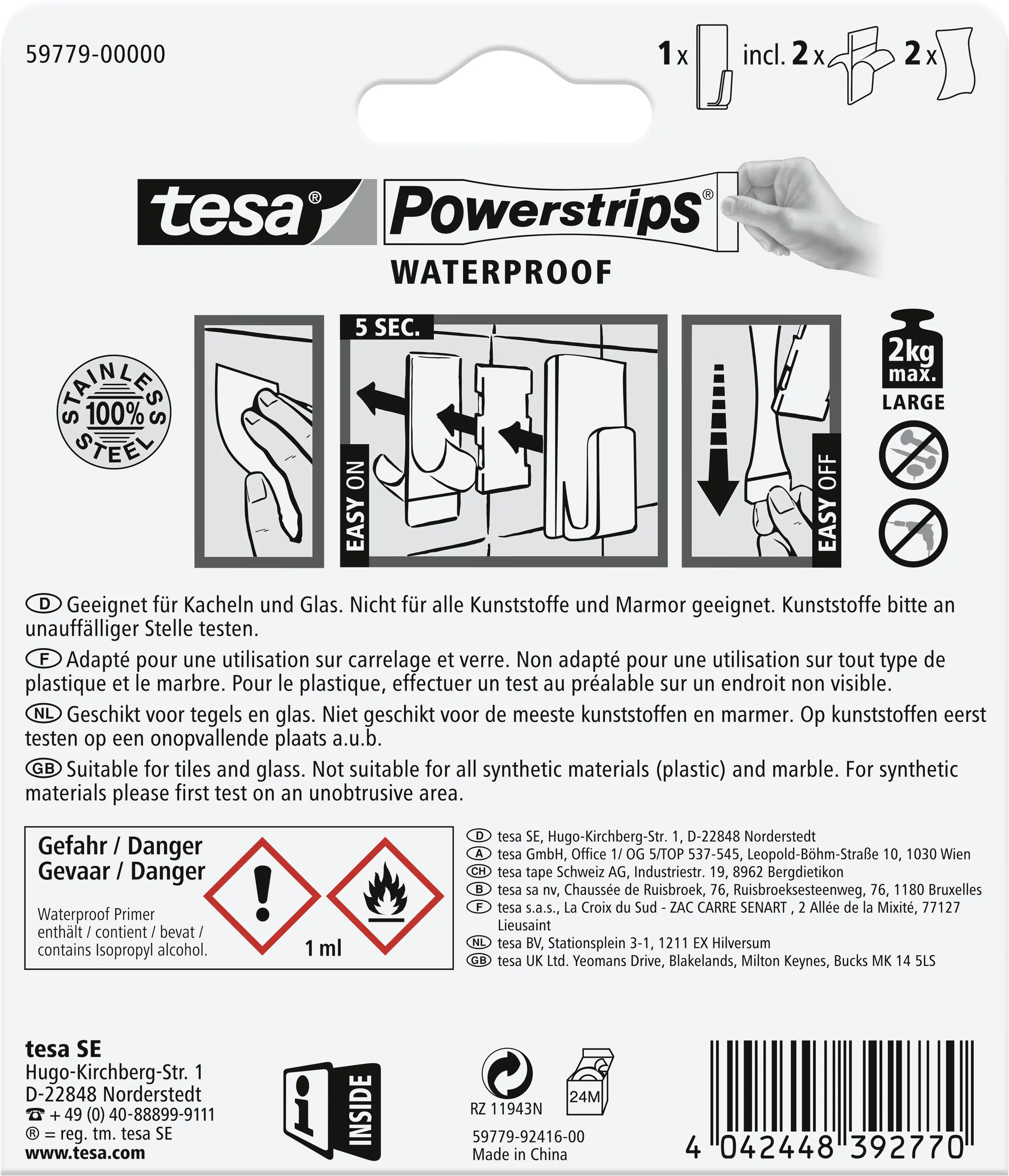 tesa Powerstrips Haken Large Waterproof rechteckig, Edelstahl