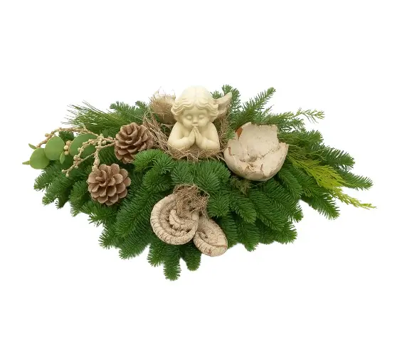 Grabgesteck flach-oval geweißt mit Engel L 60 x B 35 cm