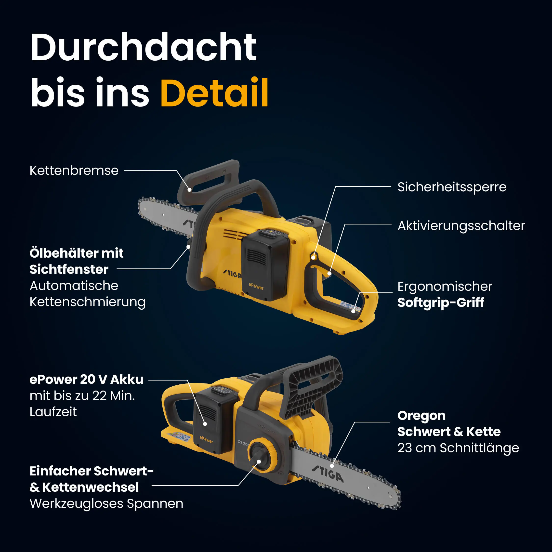 Stiga Akku-Kettensäge CS 300e mit Akku und Ladegerät