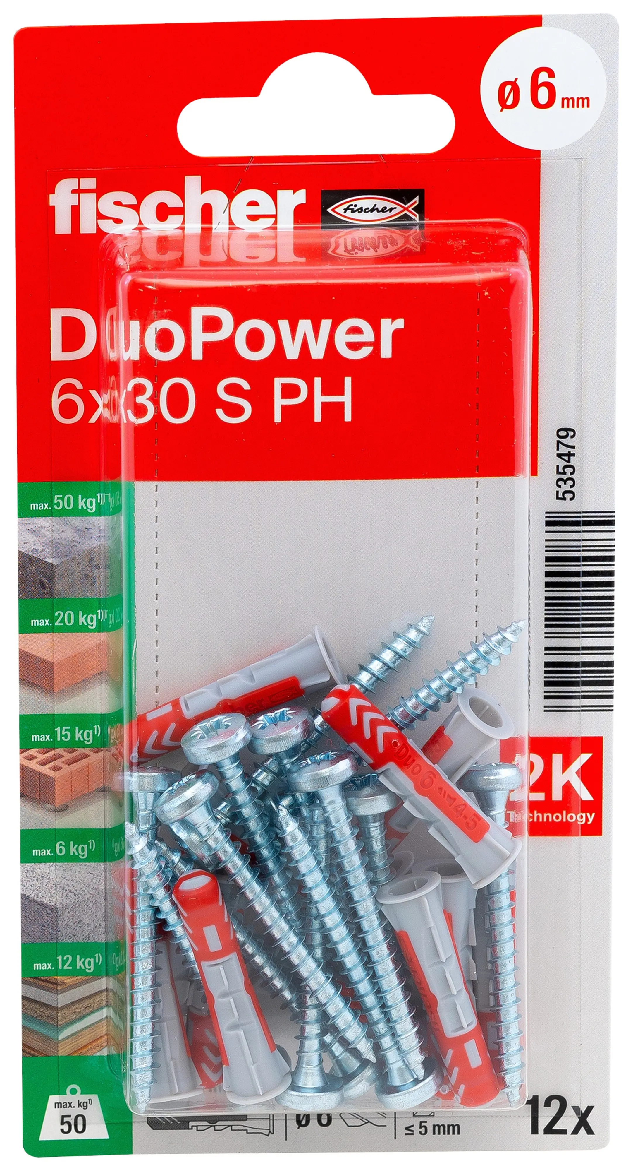 Fischer Dübel-Set DuoPower S PH 6 x 30 mm mit Schraube - 12 Stück