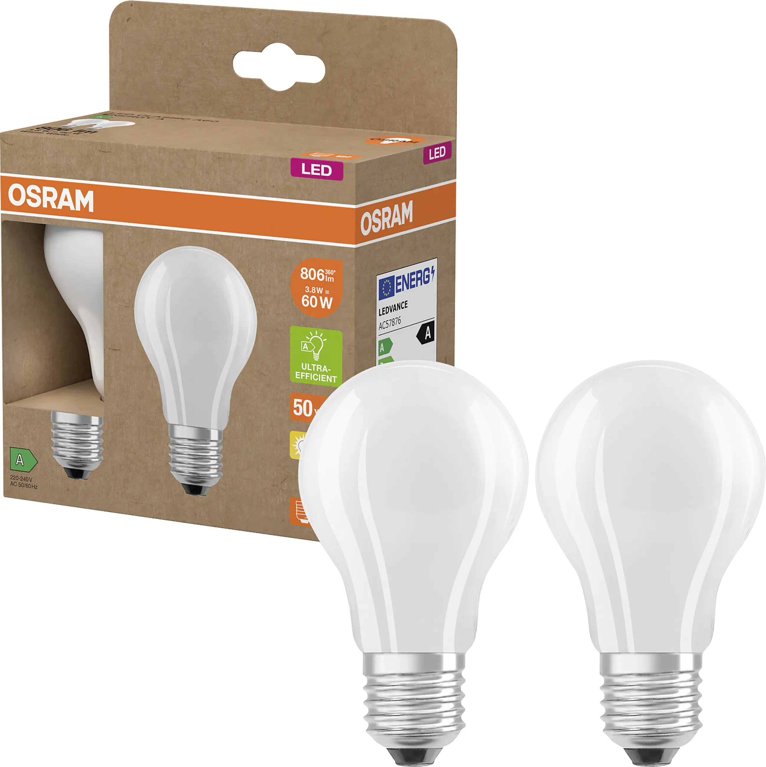 Osram LED Leuchtmittel E27 2er Pack Classic 3,8W matt warmweiß