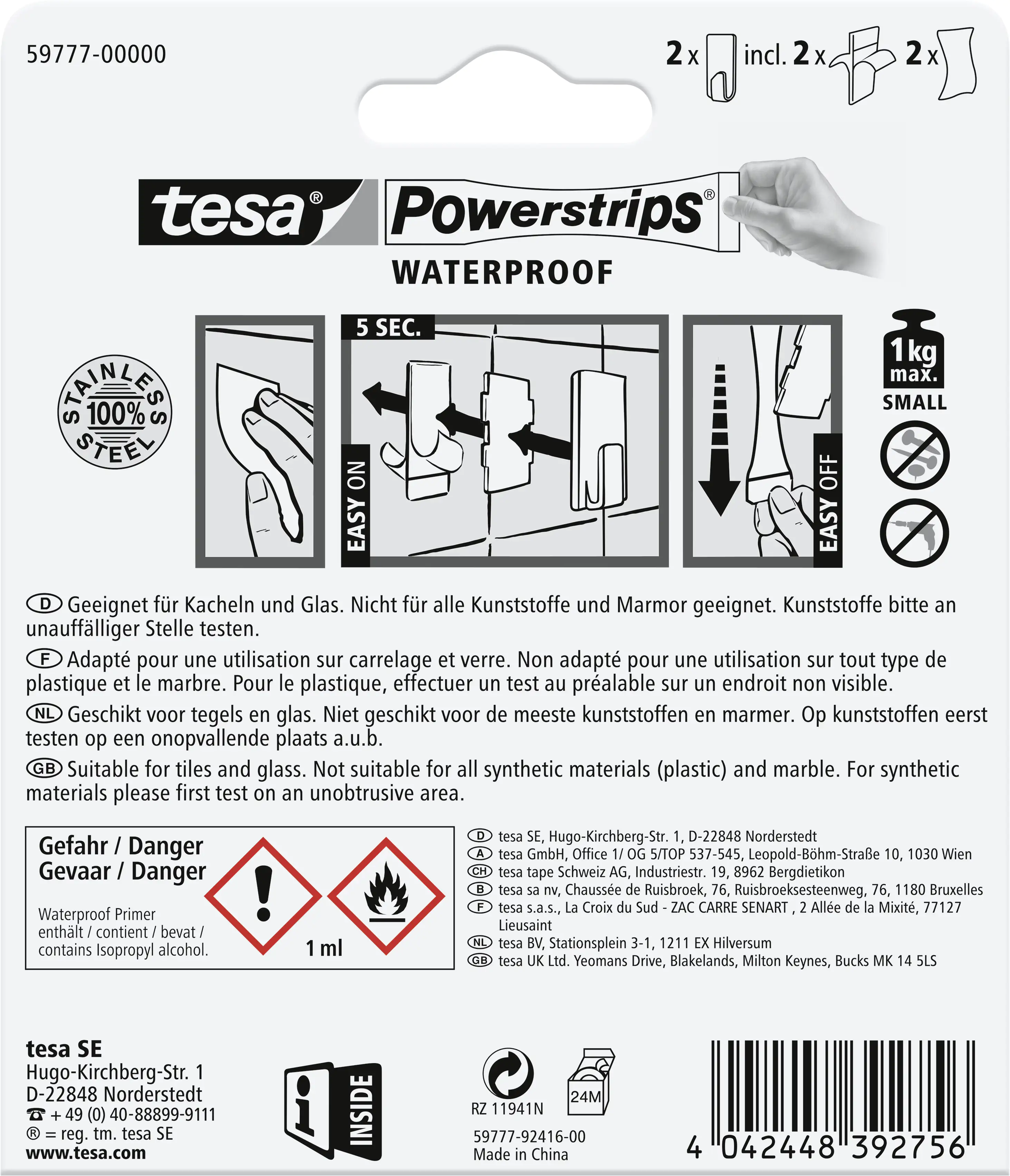 tesa Powerstrips Haken Small Waterproof rechteckig, Edelstahl