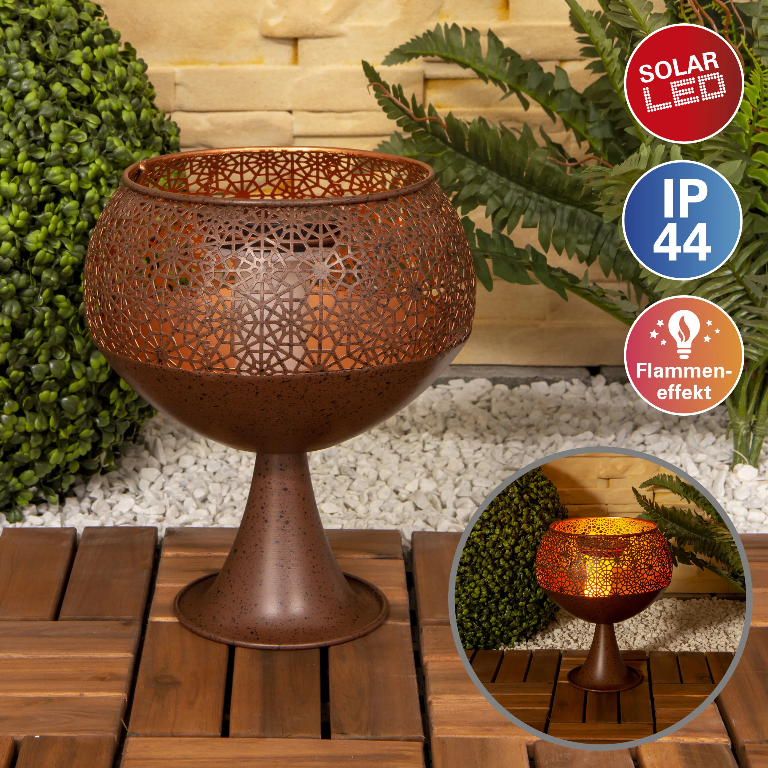 Näve Solar-Dekoleuchte Rome LED mit Dämmerungssensor + Standfuß 25 cm rost
