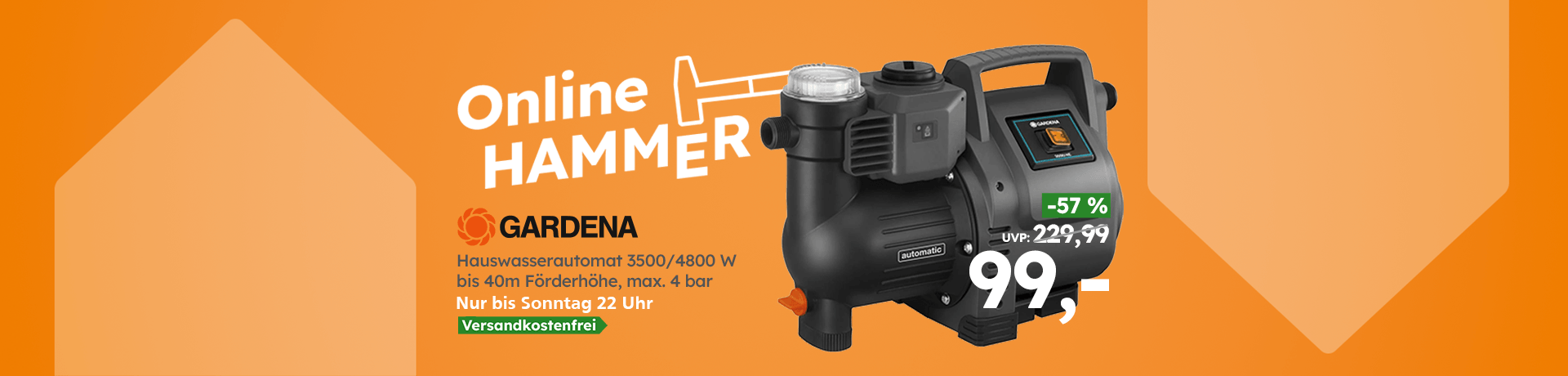Gardena Hauswasserautomat 3500 4800 Watt bis 40 Meter Förderhöhe jetzt für 99 Euro statt 229,99 nur bis Sonntag 22 Uhr versandkostenfrei.