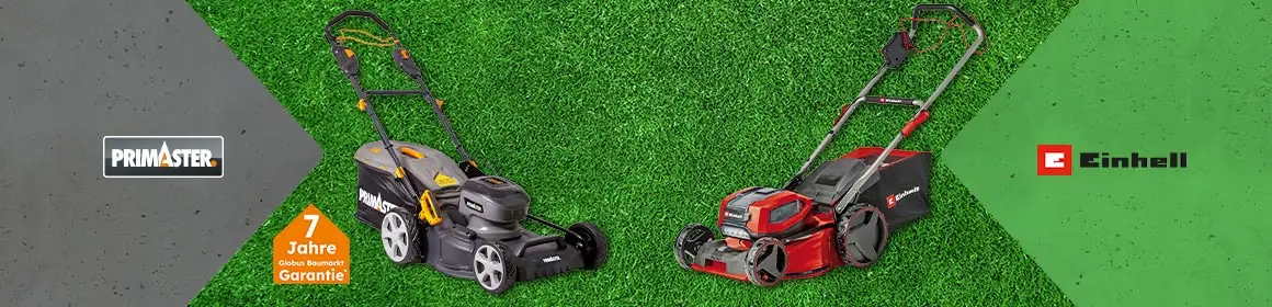 Vergleich von Rasenmähern von Einhell und Primaster mit Bildern. Primaster mit 7 Jahre Globus Baumarkt Garantie.