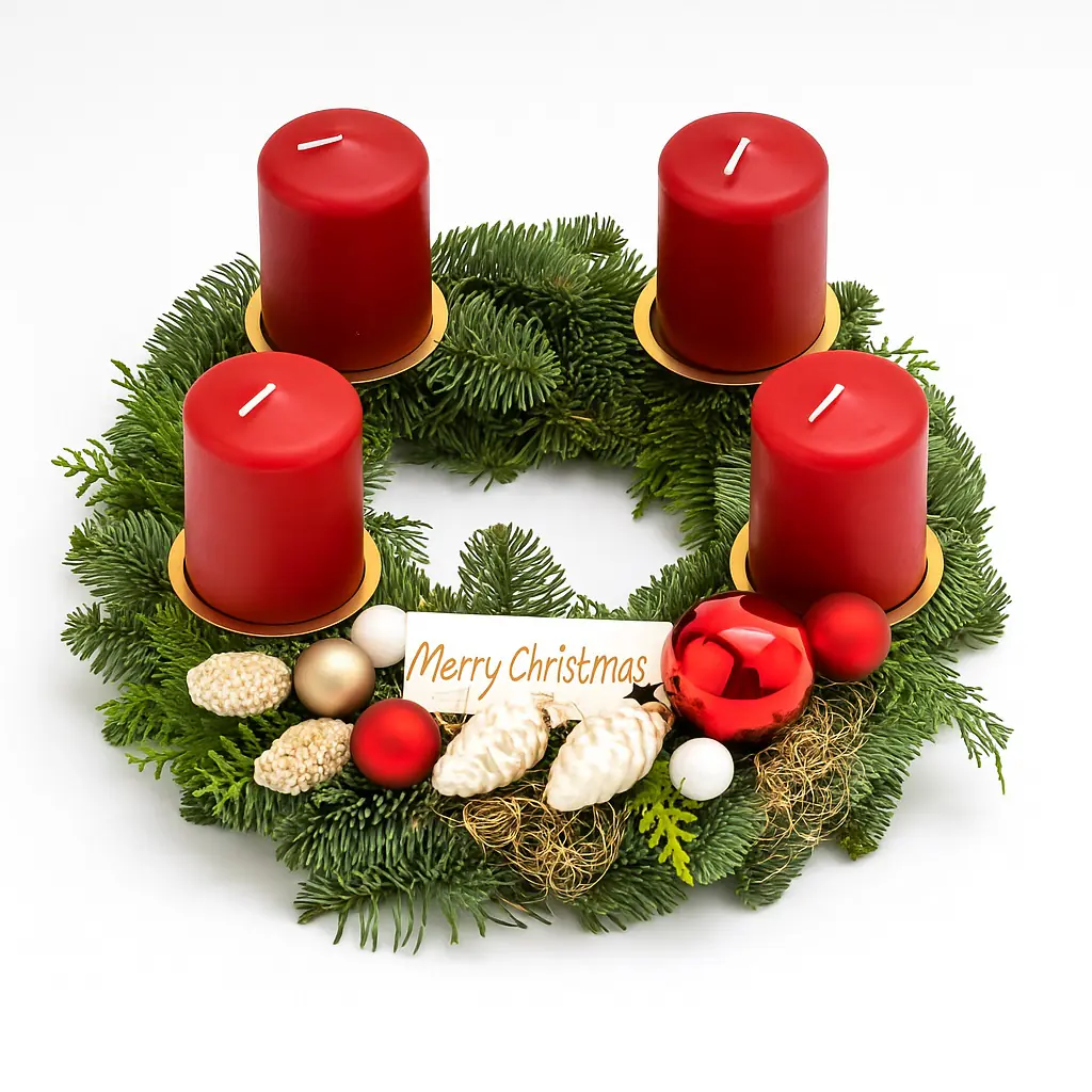 Adventskranz mit 4 Kerzen Ø 30 cm Merry Christmas weinrot