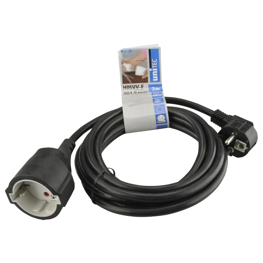 Unitec Verlängerungskabel Innen 3 Meter H05VV-F3G1,5, schwarz