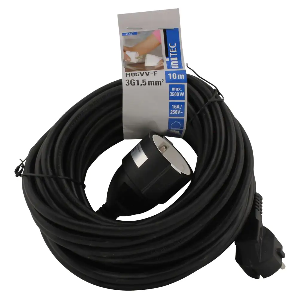 Unitec Verlängerungskabel Innen 10 Meter H05VV-F 3G1,5 ,schwarz