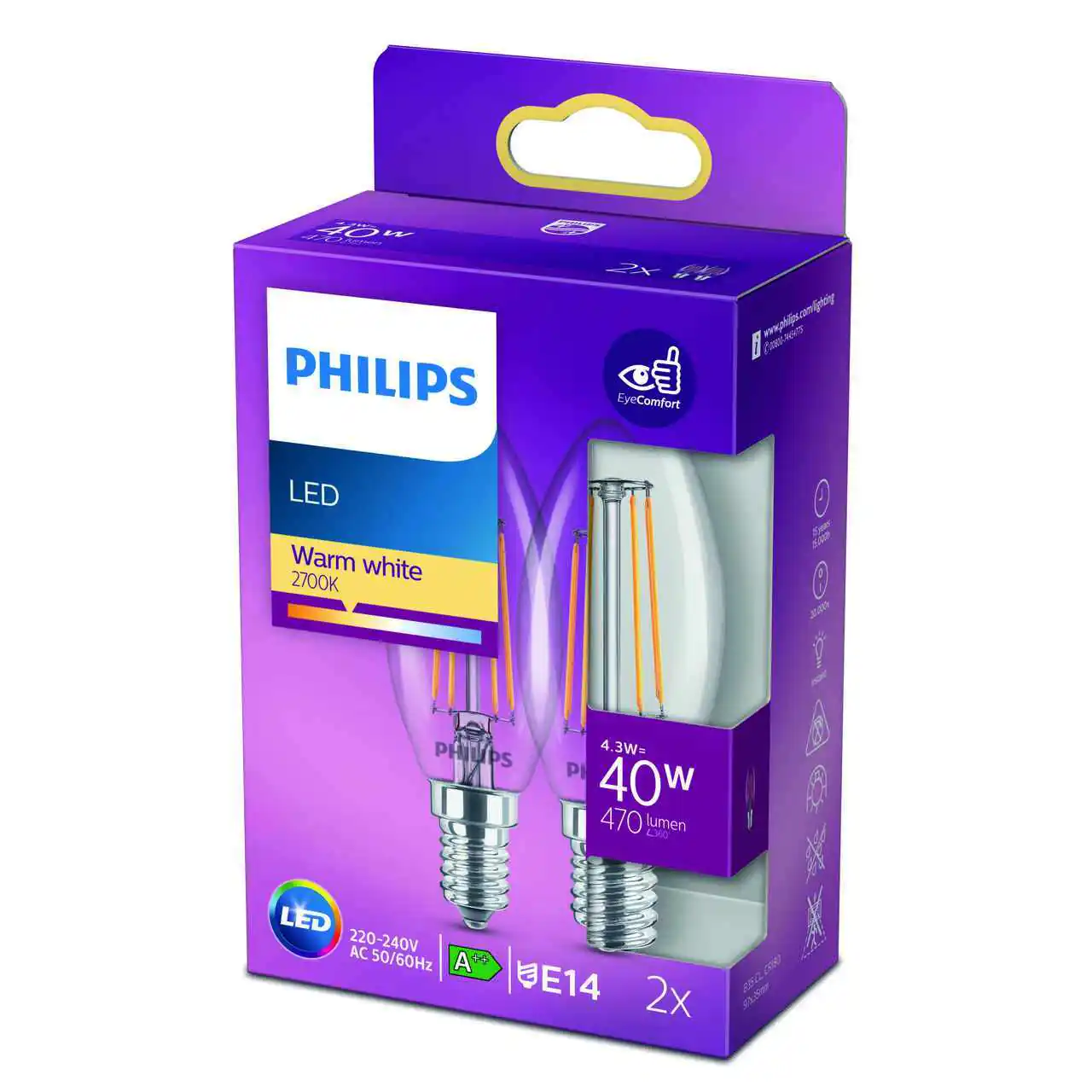 Philips LED-Leuchtmittel Filament Kerzenform B35 E14 4,3W warmweiß klar 2er Pack