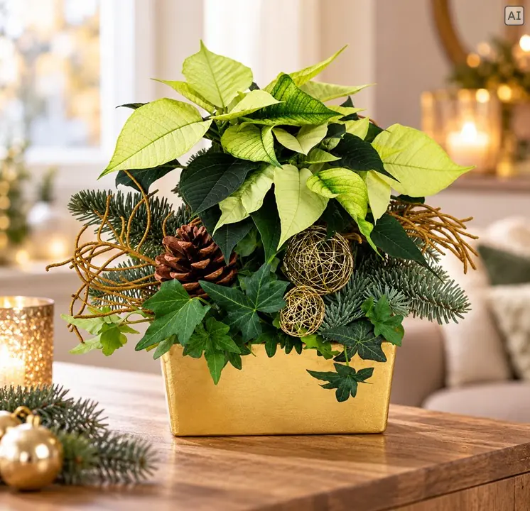 Weihnachtliches Arrangement Schale eckig bepflanzt