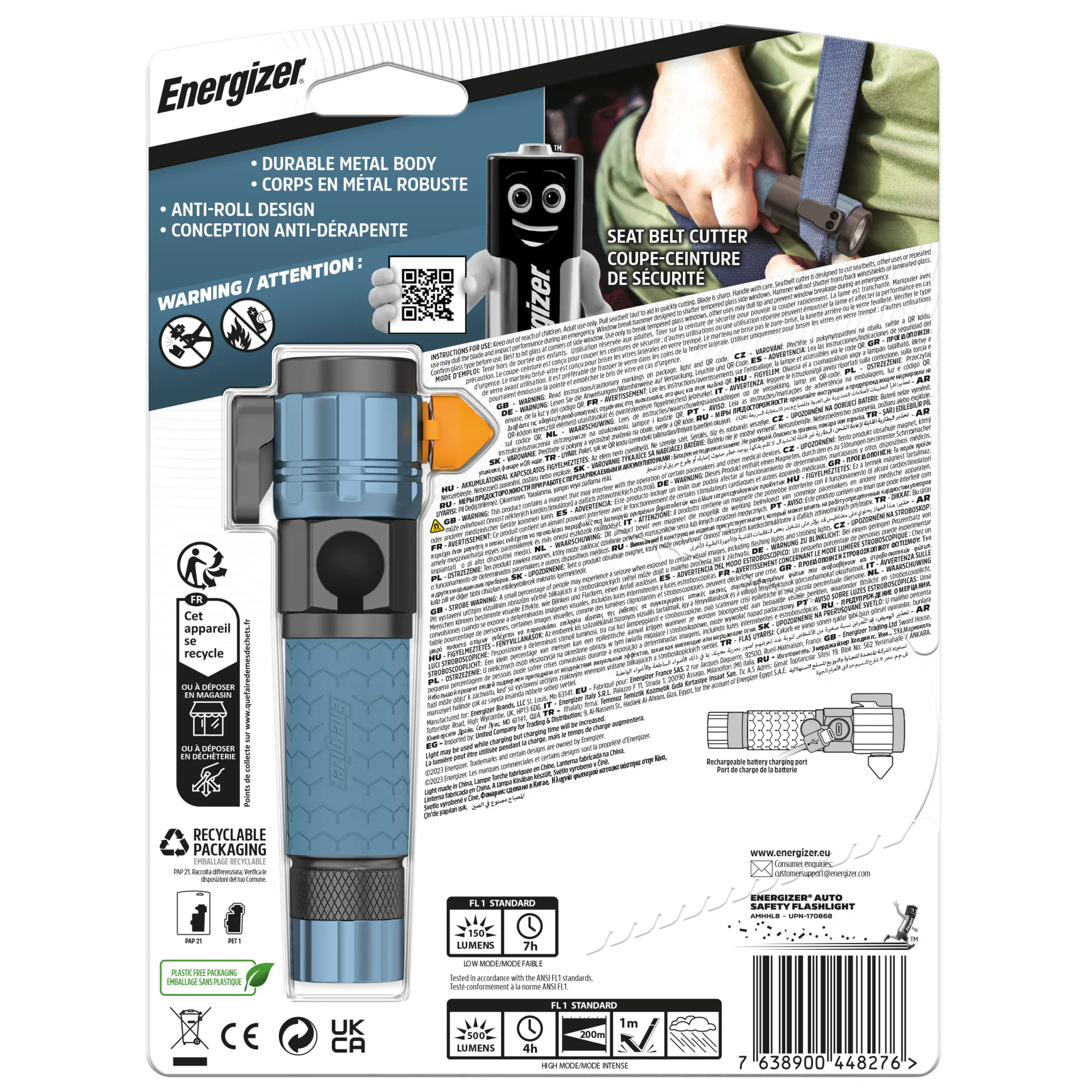 Energizer Taschenlampe Auto Metal Light wiederaufladbar inkl. USB Kabel blau