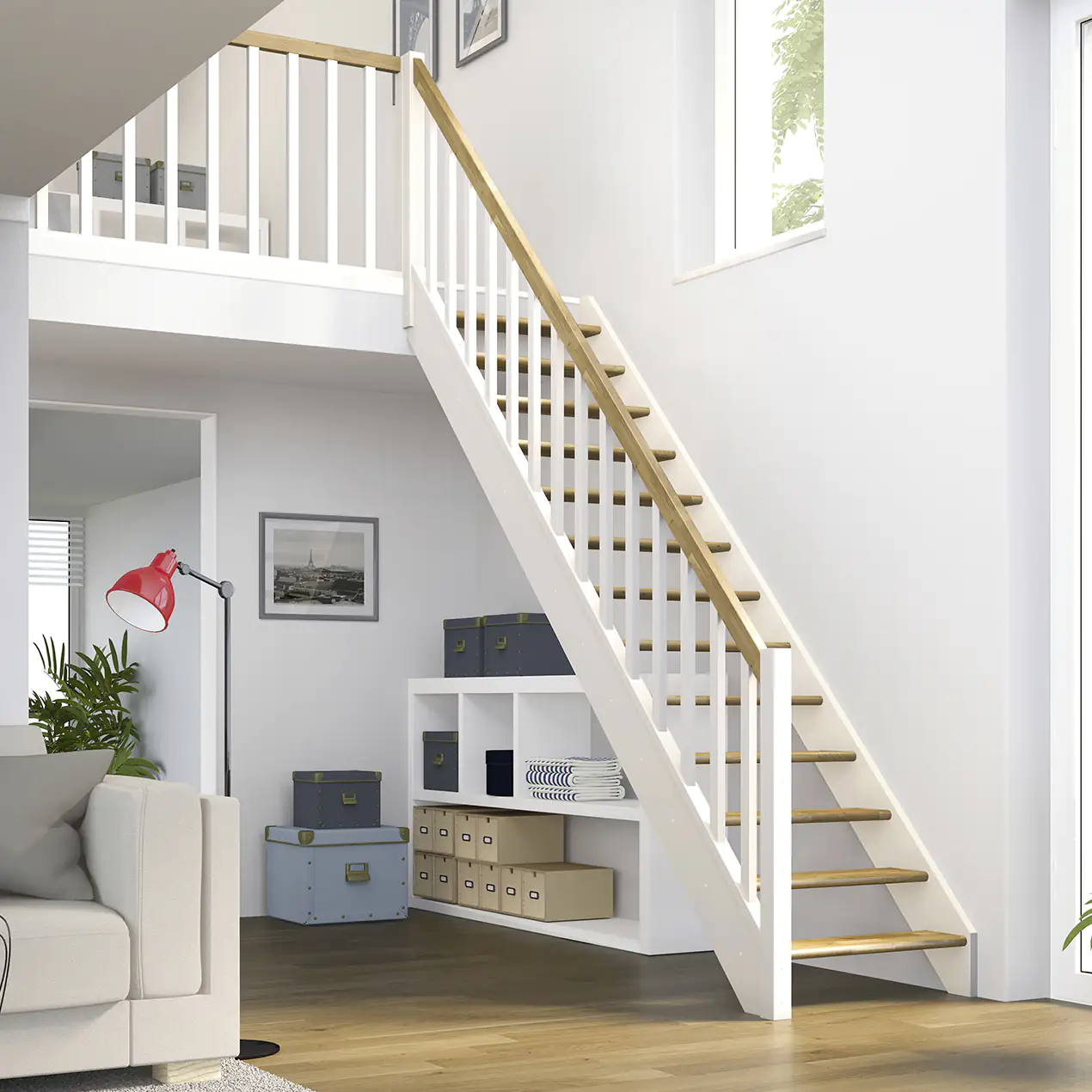 Dolle Raumspartreppen Paris gerade Eiche weiß inkl. Geländer