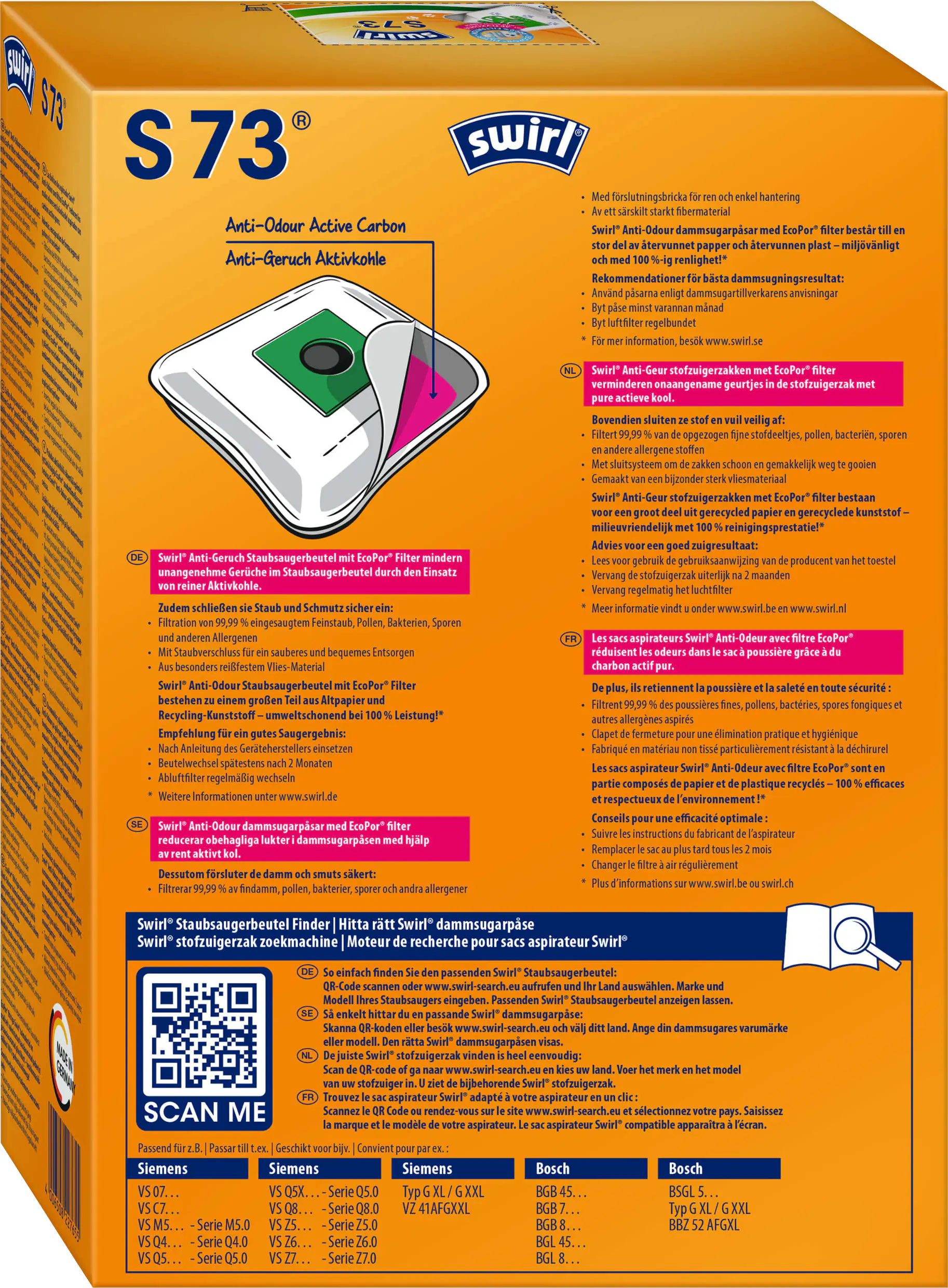 Swirl S 73 EcoPor Anti-Geruch Staubsaugerbeutel 4 Staubbeutel + 1 Filter