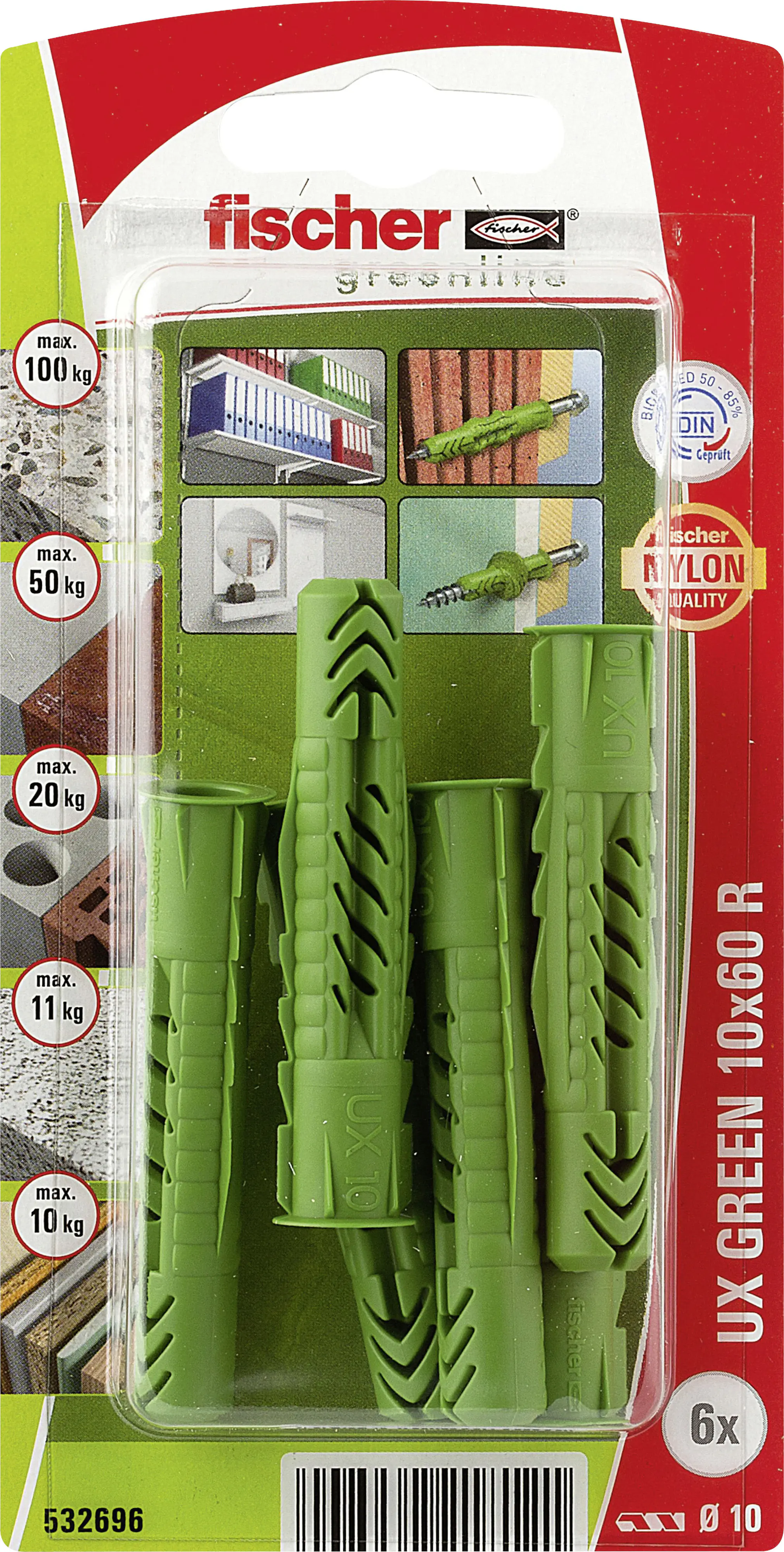 Fischer Universaldübel UX Green R 10 x 60 mm mit Rand - 6 Stück