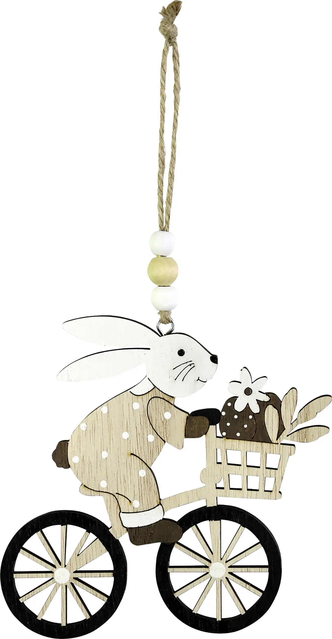 Dekohänger Hase auf Fahrrad Holz 12 x 11,5 cm natur weiß schwarz
