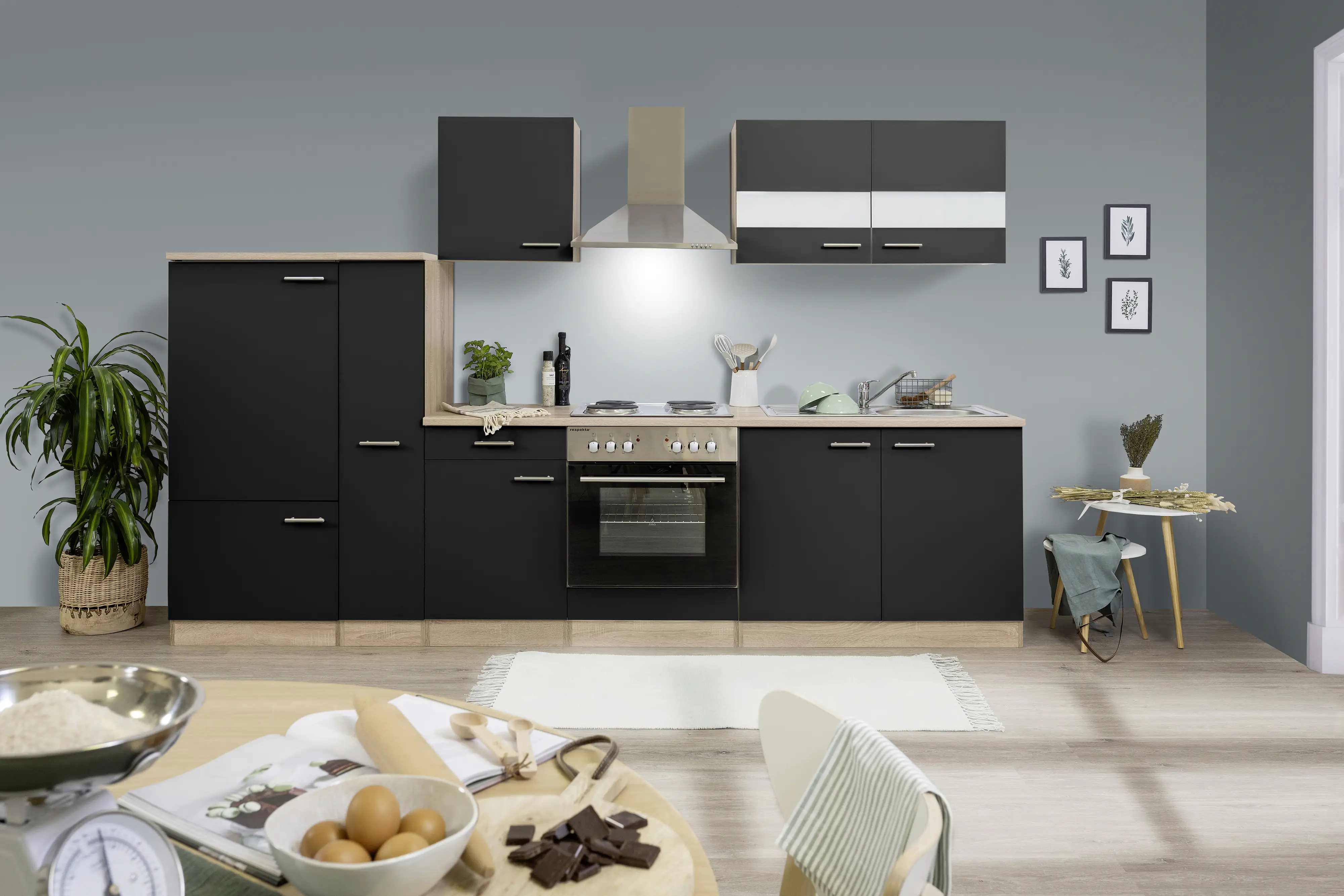 4260344974399 Respekta Economy Küchenblock 300 cm schwarz, Eiche Sonoma, KB300ESS