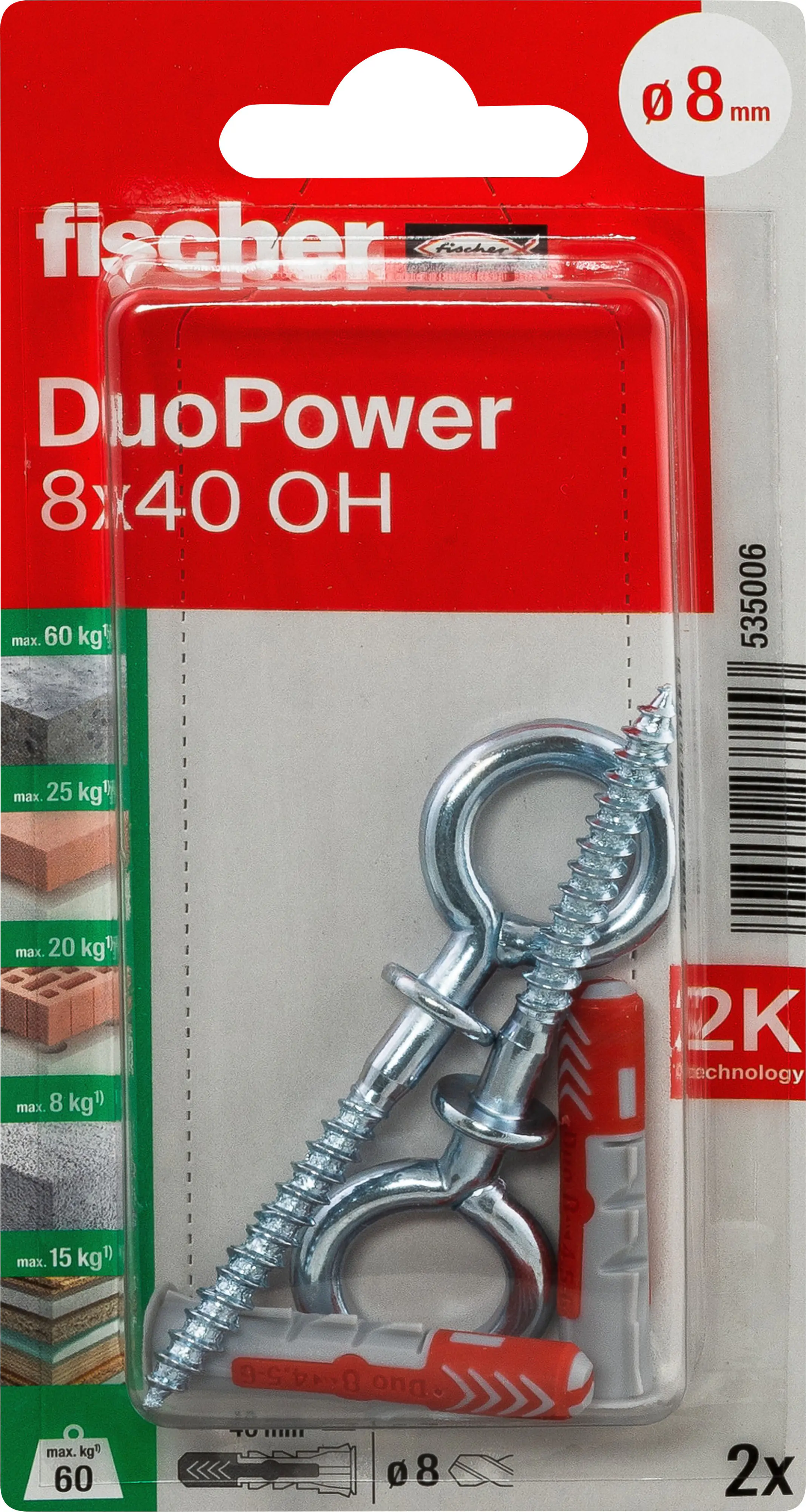 Fischer Dübel-Set DuoPower OH 8 x 40 mm mit Ösenhaken - 2 Stück