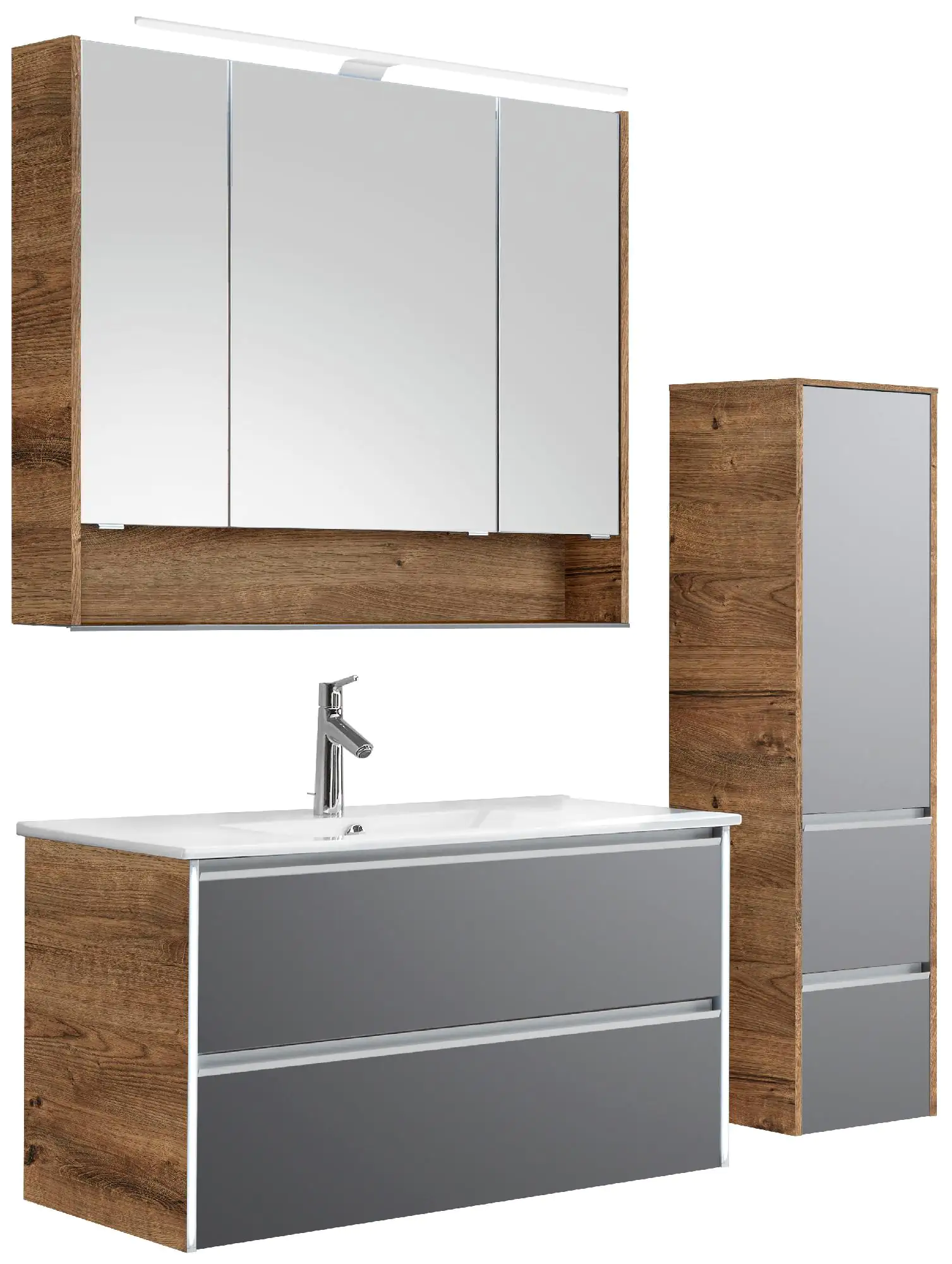 Pelipal Badmöbel-Set 6040 Oxid Hellgrau quer mit Waschplatzbeleuchtung + Midischrank 101 cm