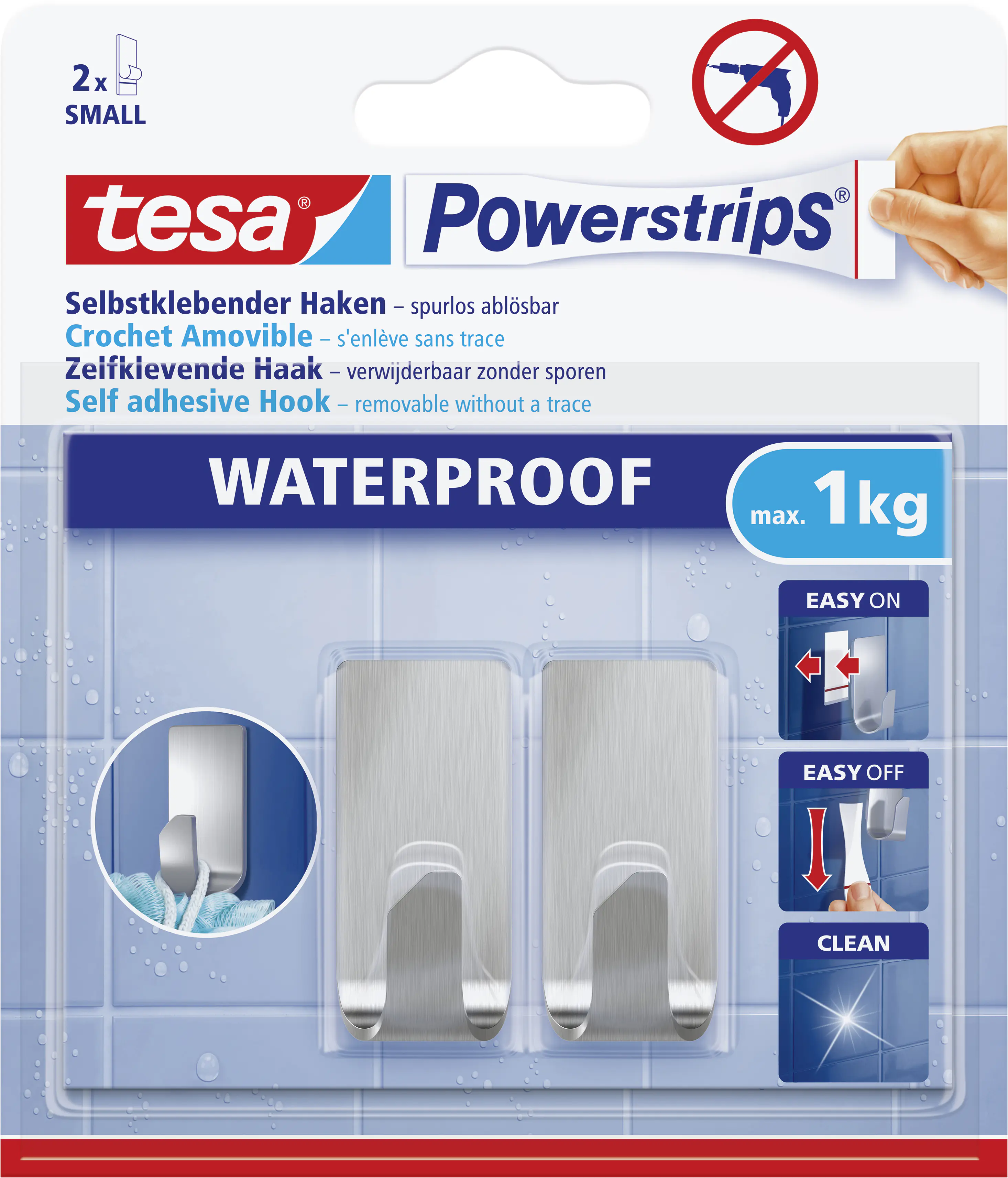 tesa Powerstrips Haken Small Waterproof rechteckig, Edelstahl