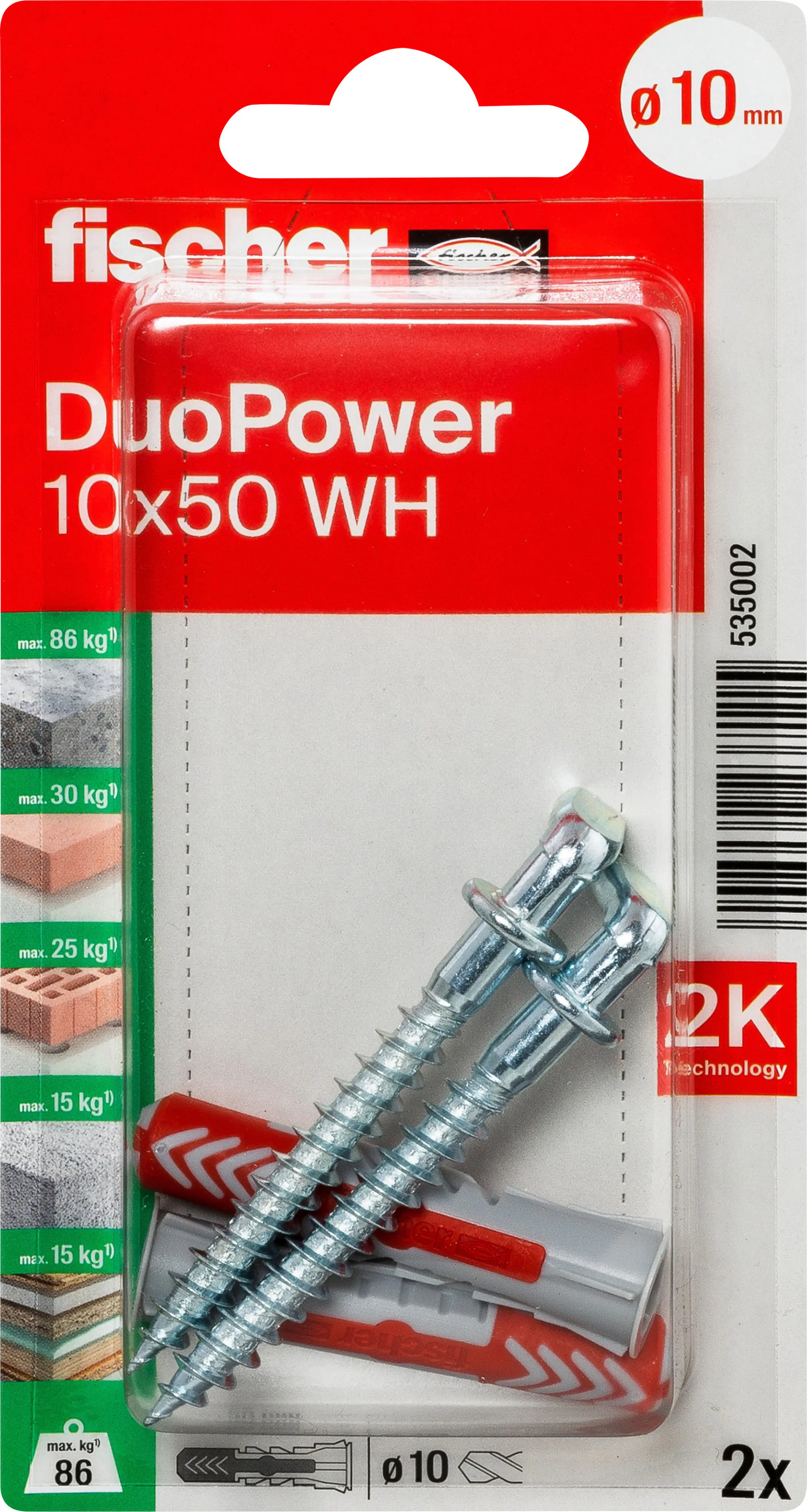 Fischer Dübel-Set DuoPower WH 10 x 50 mm mit Winkelhaken - 2 Stück