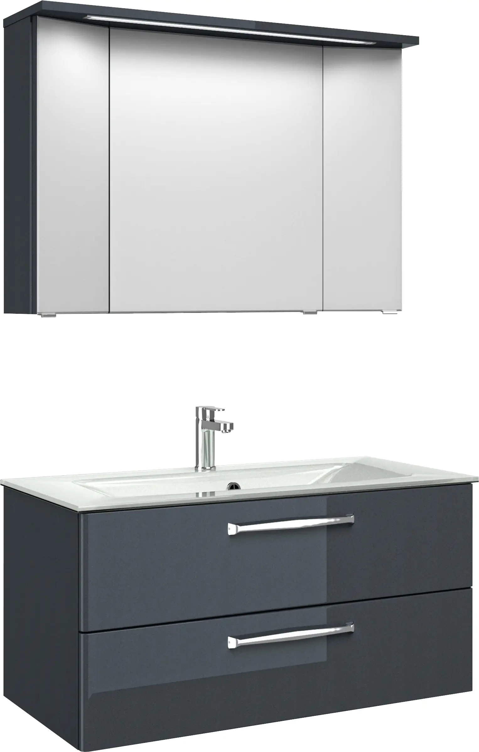 4017026118721 Pelipal Badmöbel-Set Trentino Anthrazit Hgl mit Glas-Waschtisch + 3D-Spiegelschrank 107 cm