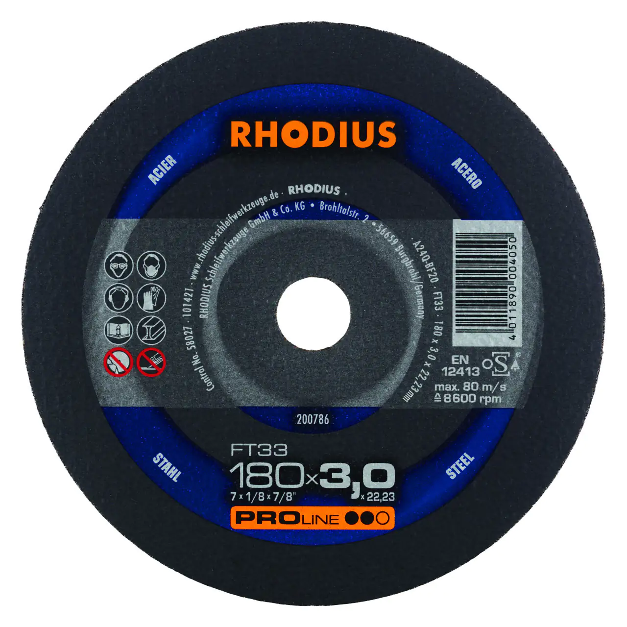 Rhodius Freihandtrennscheibe FT33 Stahl Ø 180 mm Bohrung 22,23 mm