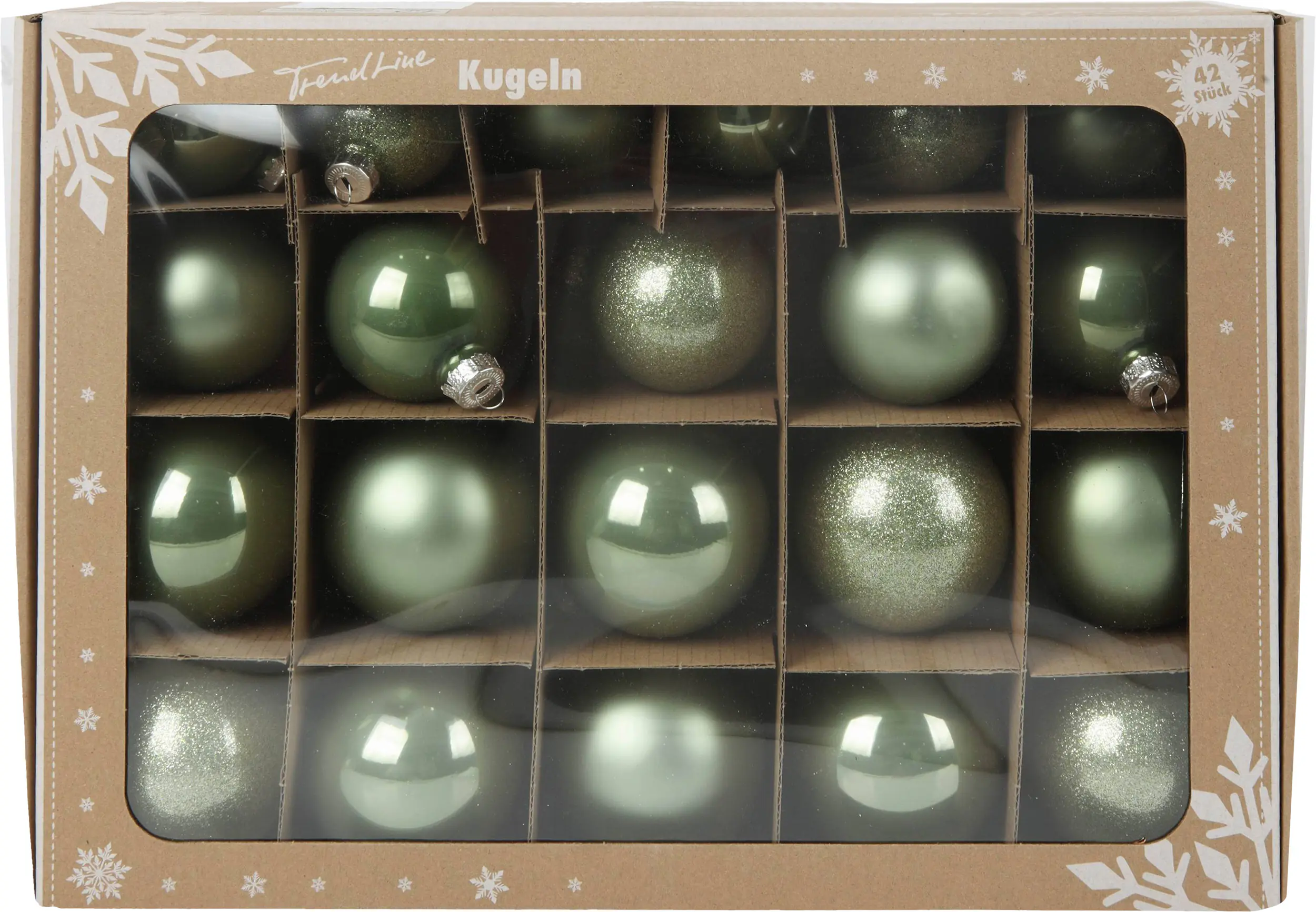 TrendLine Weihnachtskugeln aus Glas Ø 5 cm,6 cm,7 cm salbei grün 42 Stück