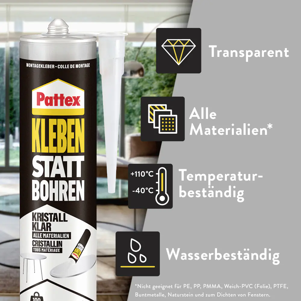 Pattex Montagekleber Kleben statt Bohren Kristallklar 290 g Kartusche, transparent