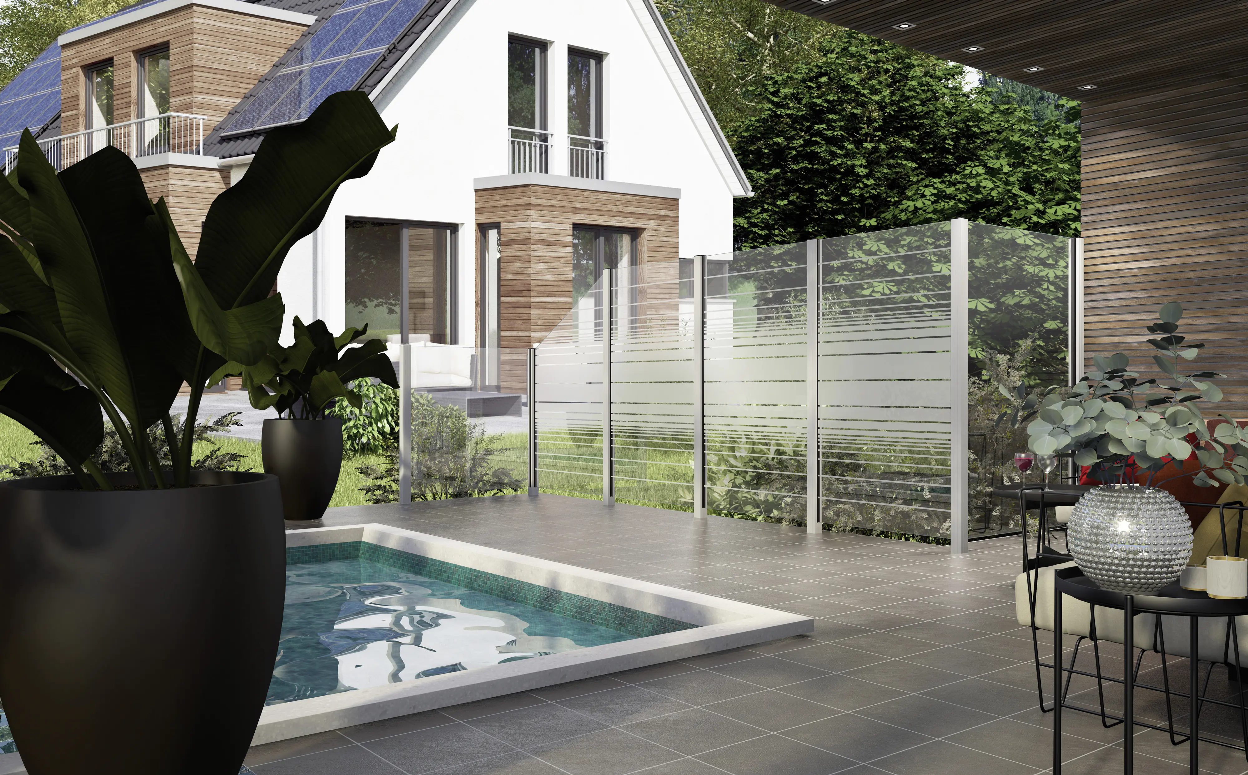 Ambiente Glas-Zaunelement Maßgefertigt, ESG 8 mm stark Ambiente Glas-Zaunelement Maßgefertigt, ESG 8 mm stark