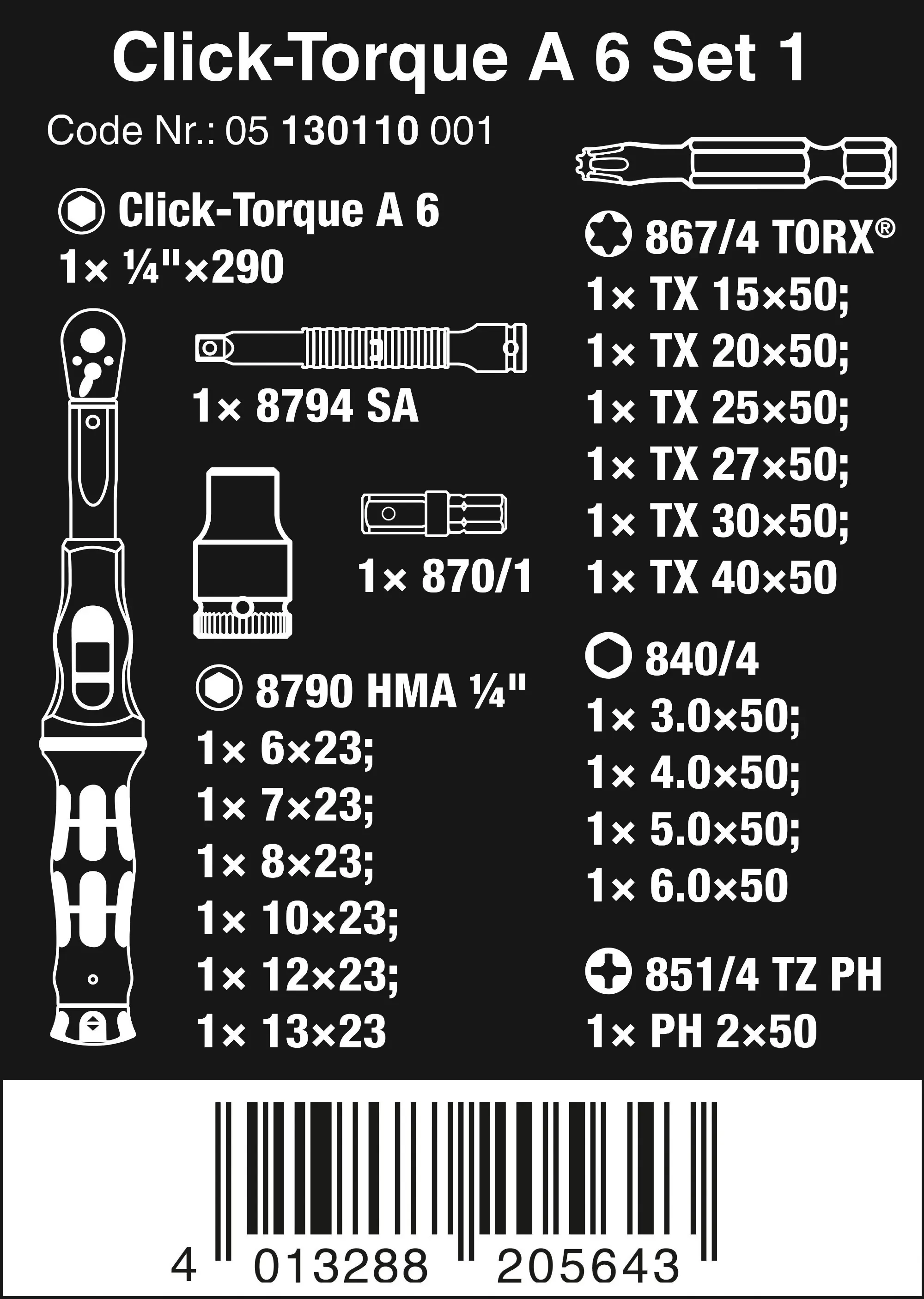 Wera Drehmomentschlüssel Click-Torque A 6 Set 1, 2,5-25 Nm 20-teilig